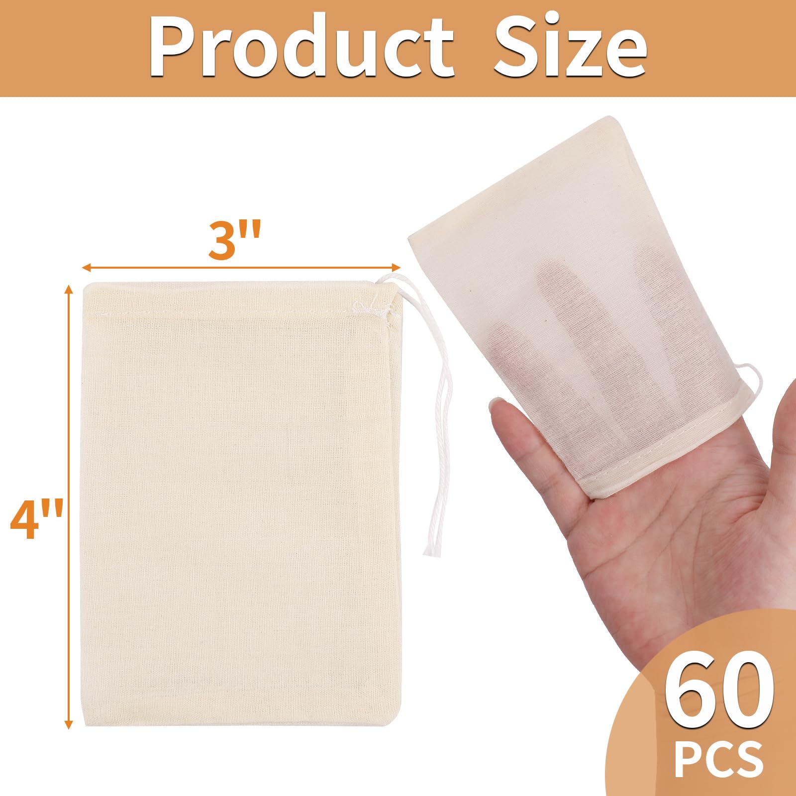 60 Pcs Empty Spice Bags For Cooking Soup, 3X4 In Natural Muslin Drawstring Bag, Reusable Tea Bags For Loose Tea, Small Cheese Cl