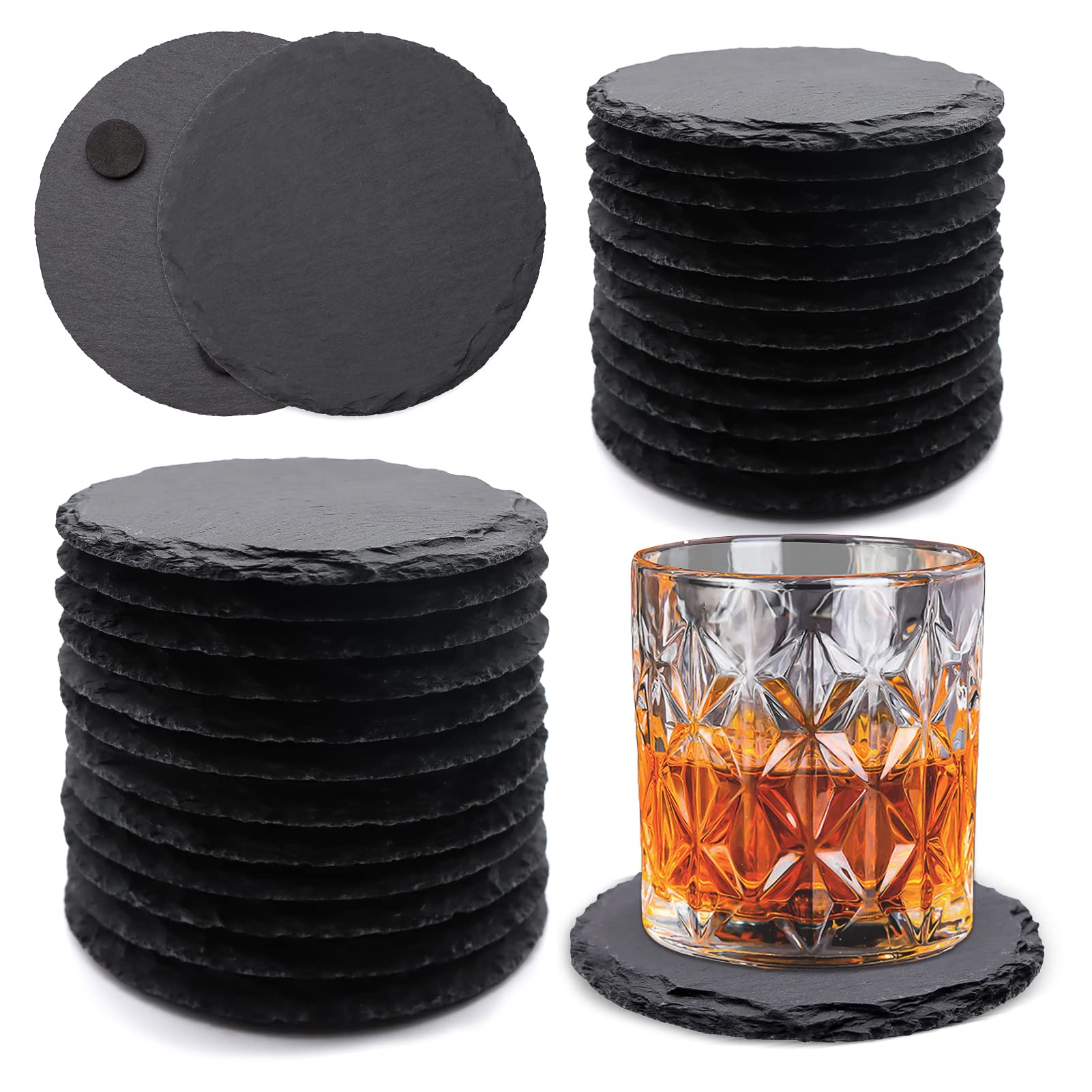 24 Pack Round Slate Drink Coasters, Vibratite 4 Inch Black Slate Stone Coasters Bulk Cup Coasters With Anti-Scratch Bottom For D