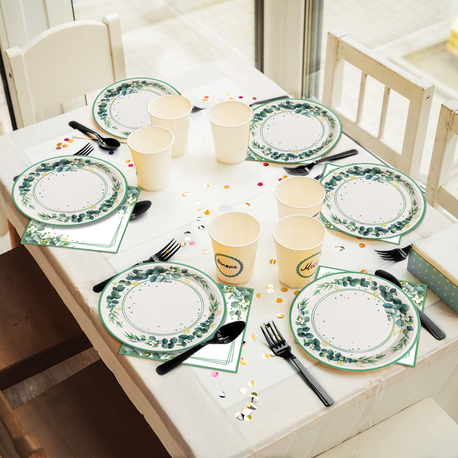 96 Pieces Sage Greenery Party Supplies Tableware Set Eucalyptus Leaf Jungle Theme Party Table Decorations Bridal Baby Shower Saf