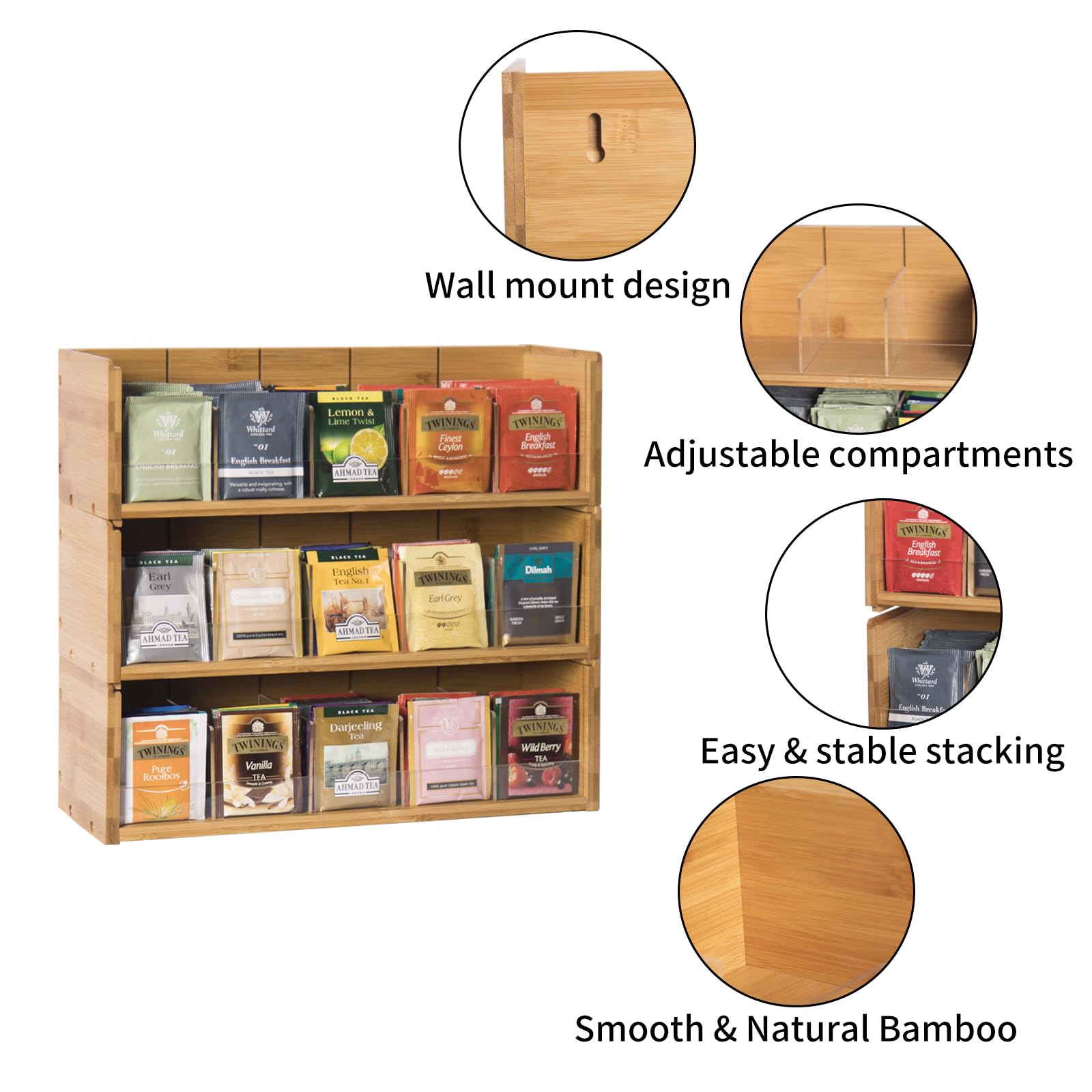 X-Cosrack Bamboo Tea Bag Organizer Storage Box, 3 Tier Stackable Tea Bag Box Natural Wood, Wall Mount Tea Chests With Acrylic Fo