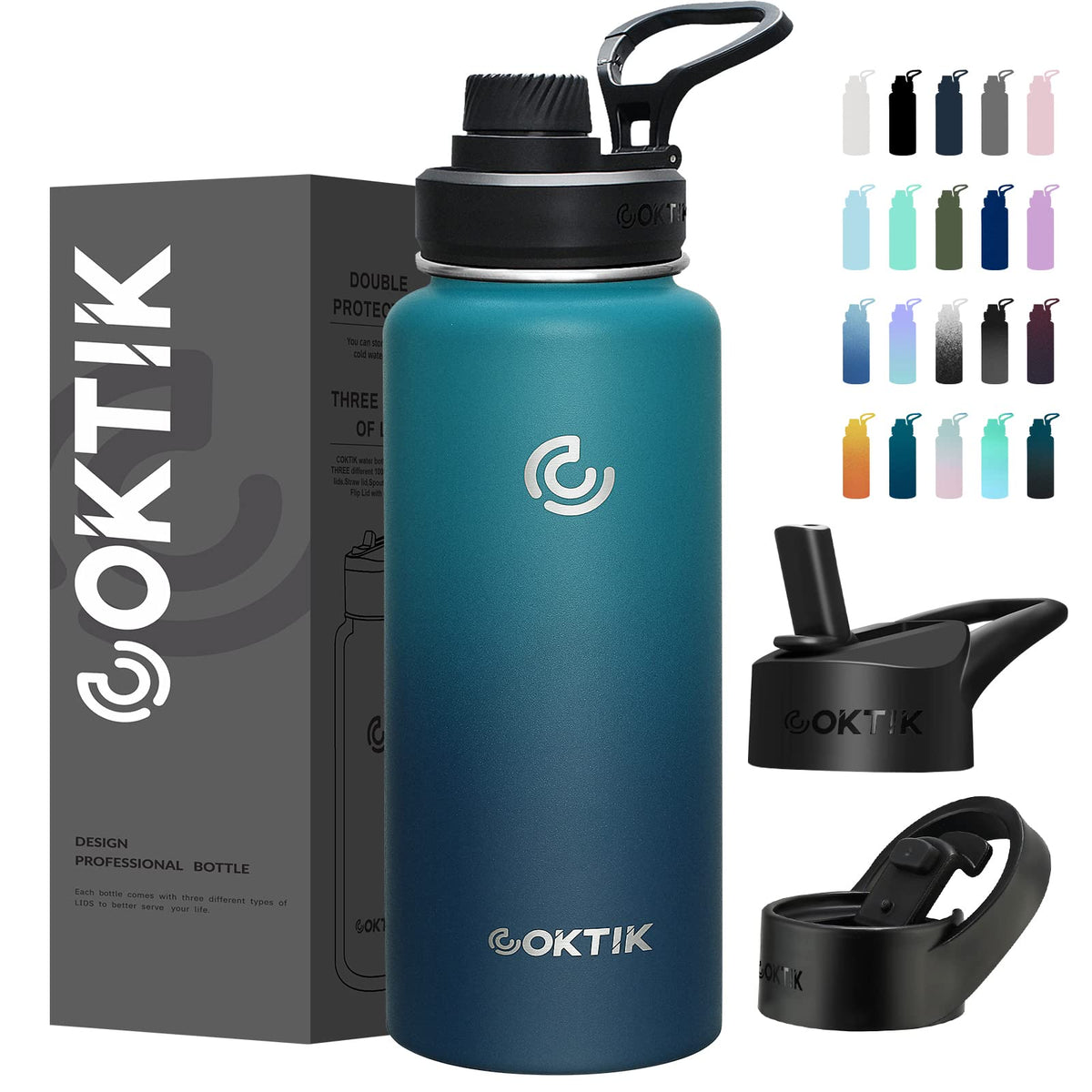 Coktik 40 Oz Sports Water Bottle With Straw,3 Lids, Stainless Steel Vacuum Insulated Water Bottles,Leakproof Lightweight, Keeps
