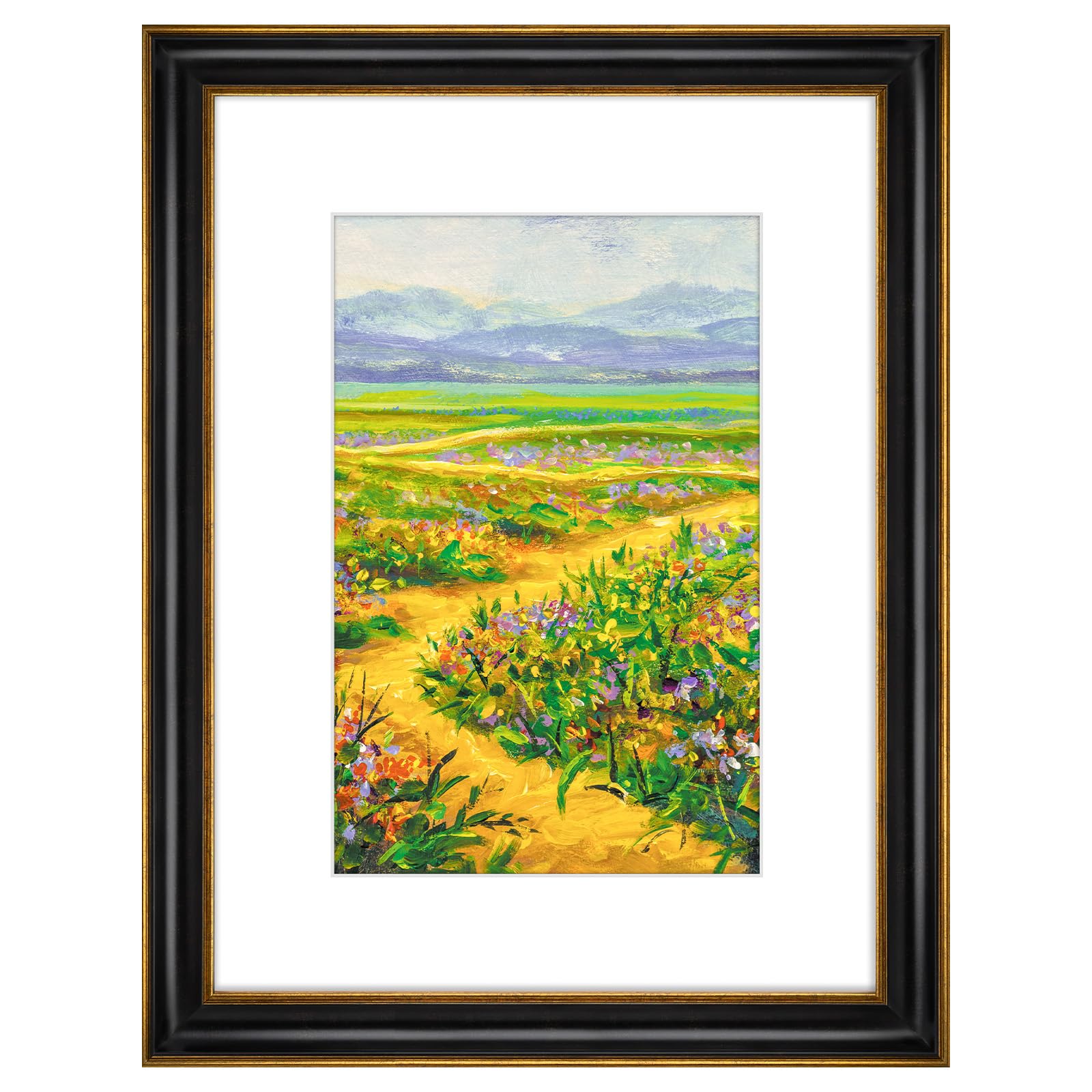 Golden State Art, 12x16 Photo Frame With Mat for Pictures 8x12 and Real Glass (Black With Antique Gold Trim - White Color Mat, 1