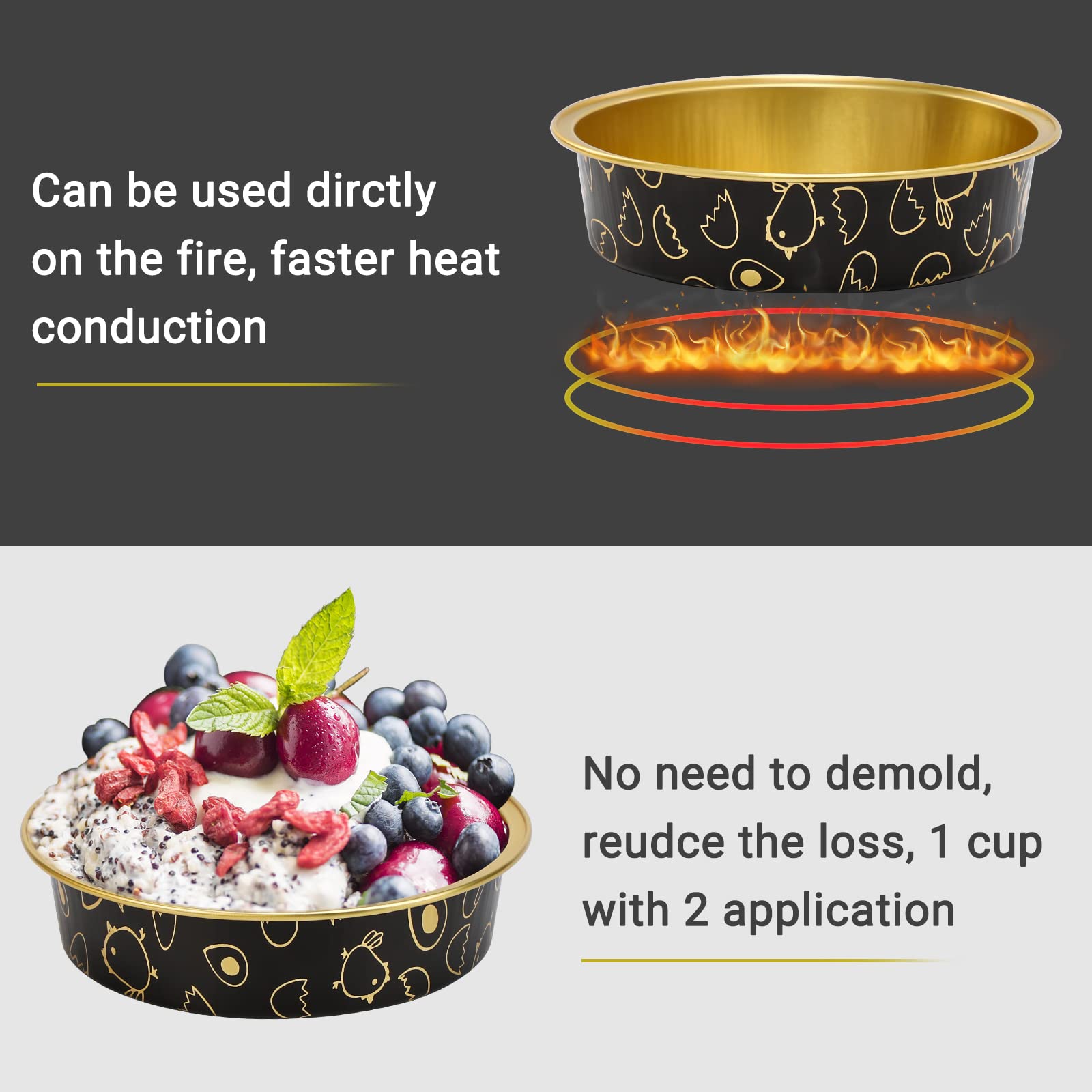 Beasea Mini Tart Pan 100 Pack With Lids, 4 Inch 8Oz Gold Black Disposable Aluminum Baking Foil Tins Small Round Tart Containers