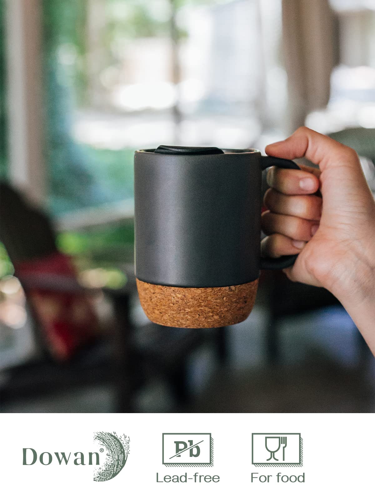 Dowan Coffee Mugs, 15 Oz Mug Set Of 2, Large Ceramic Coffee Mug With Cork Bottom And Spill Proof Lid For Mom Dad, Big Mug For Co