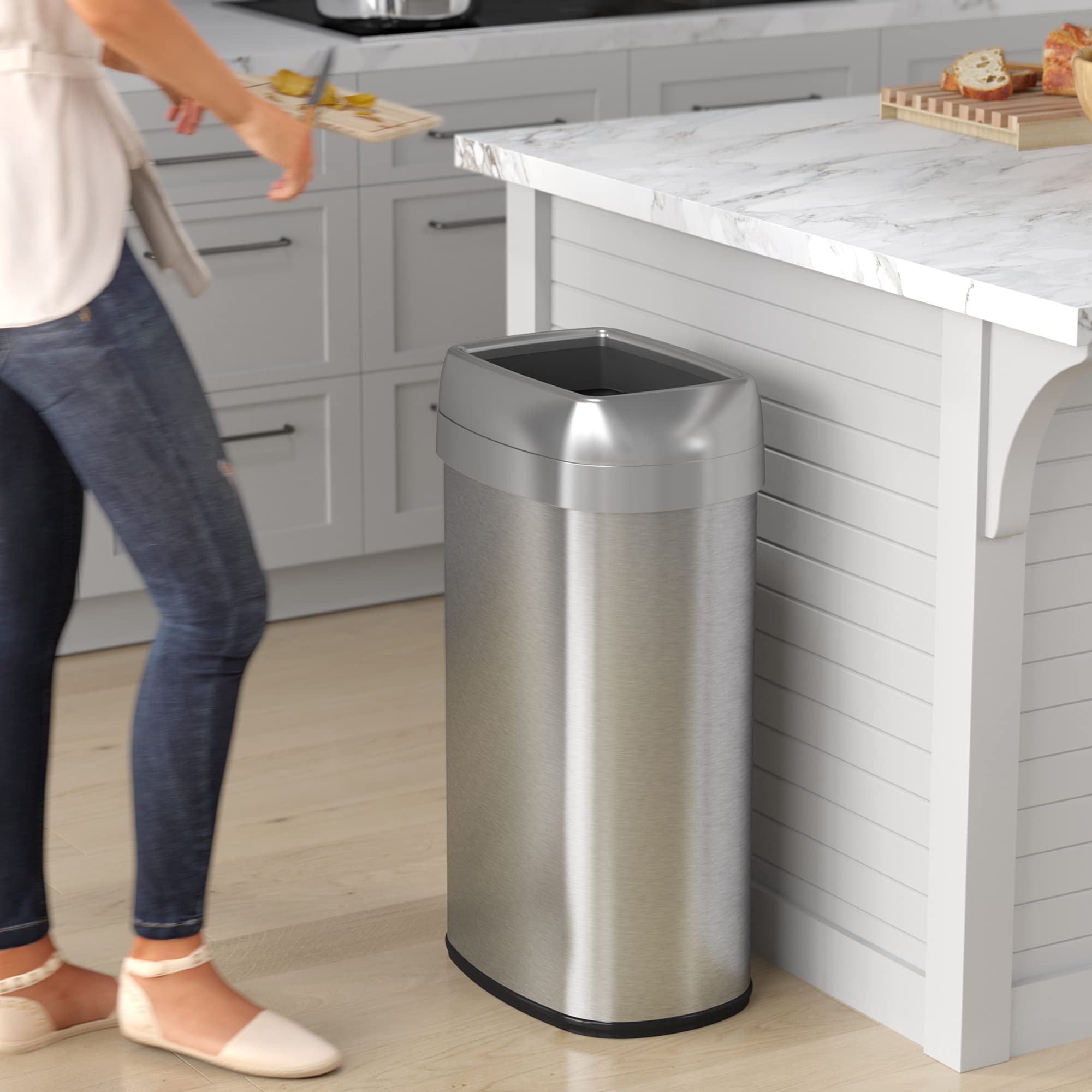 Itouchless 16 Gallon Open Top Kitchen Trash Can And Recycle Bin With Double Odor Filters, 61 Liter Stainless Steel Trashcan Comm