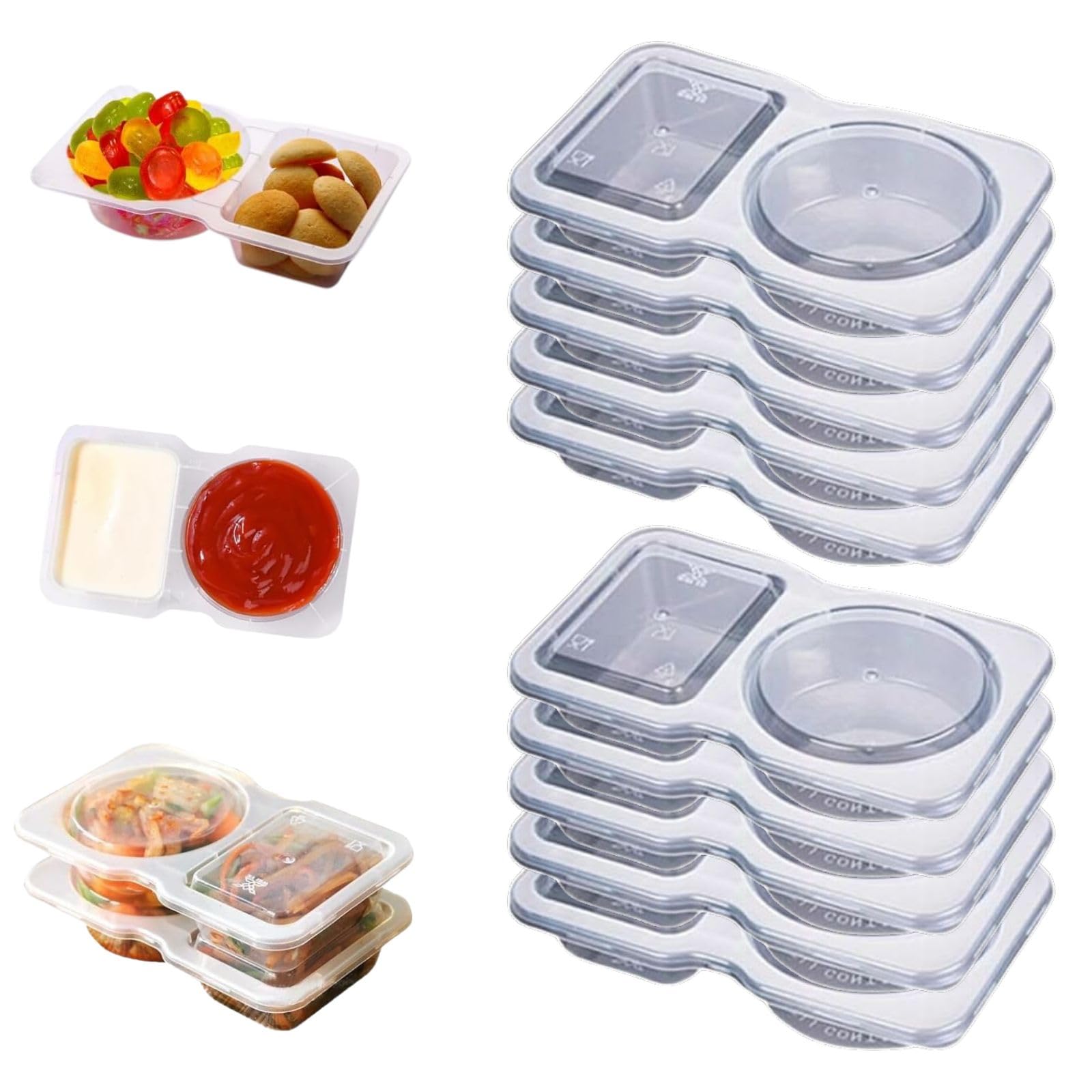 Nsacxa 10PCS Double Compartment Condiment Container, 2 Compartment Snack Containers for Condiments or Dips, Double Condiment Con