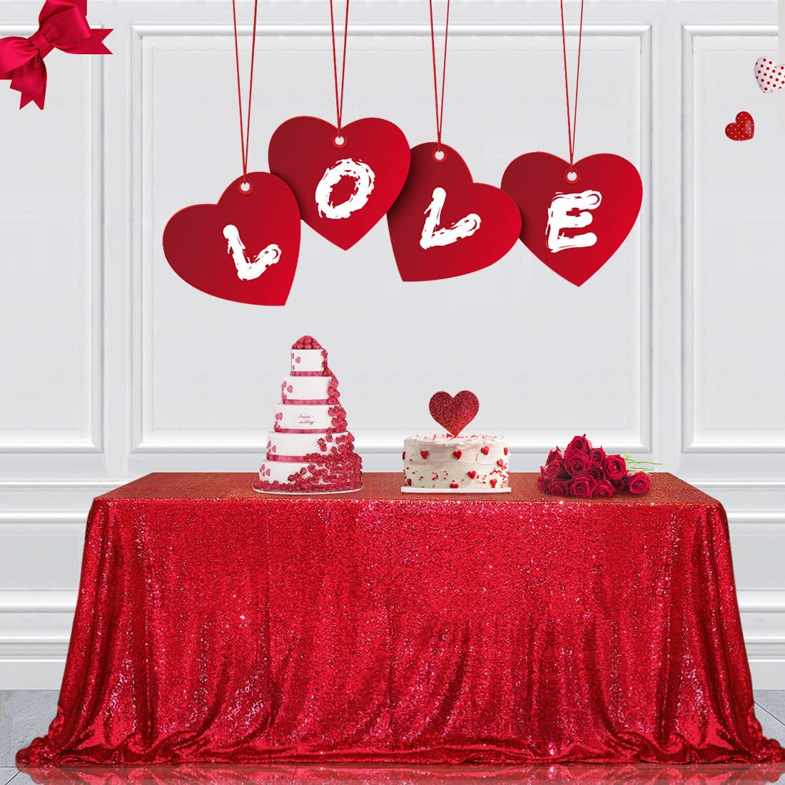 Partydelight Sequin Tablecloth, Wedding, Dinning Table, Rectangular, 90''X132'', Dark Red