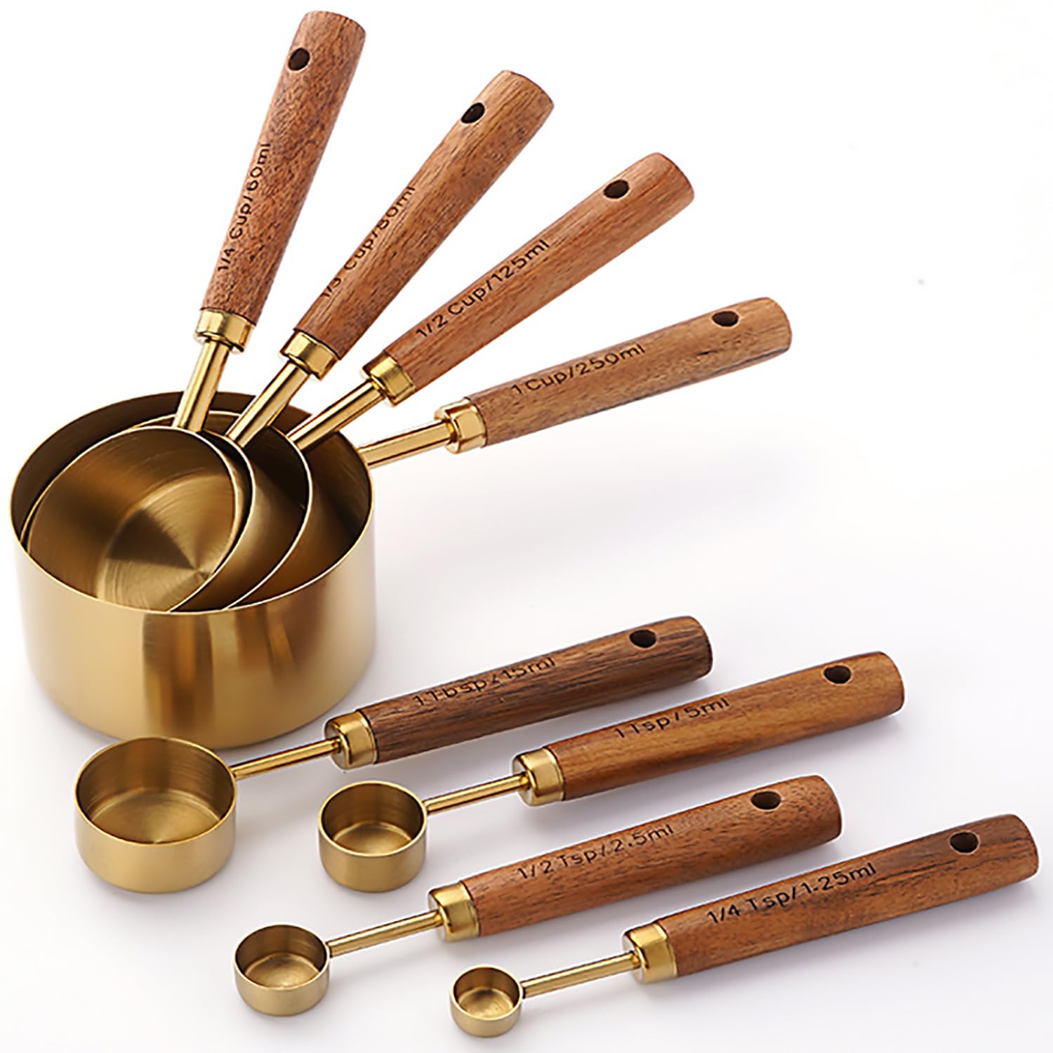 Dadamong Measuring Cups And Spoons Set Of 8, Stainless Steel Gold Measuring Cups Kit With Wooden Handle, Kitchen Cooking Baking