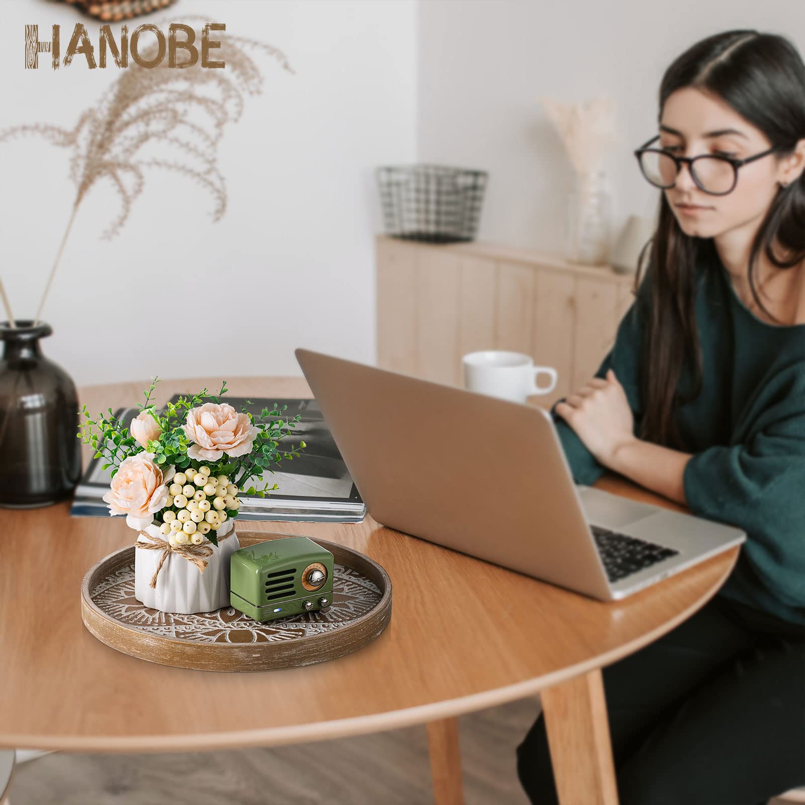 Hanobe Round Wood Decorative Tray: Boho Coffee Table Tray Farmhouse Rustic Brown Centerpiece Decor Wooden Serving Trays Circle T