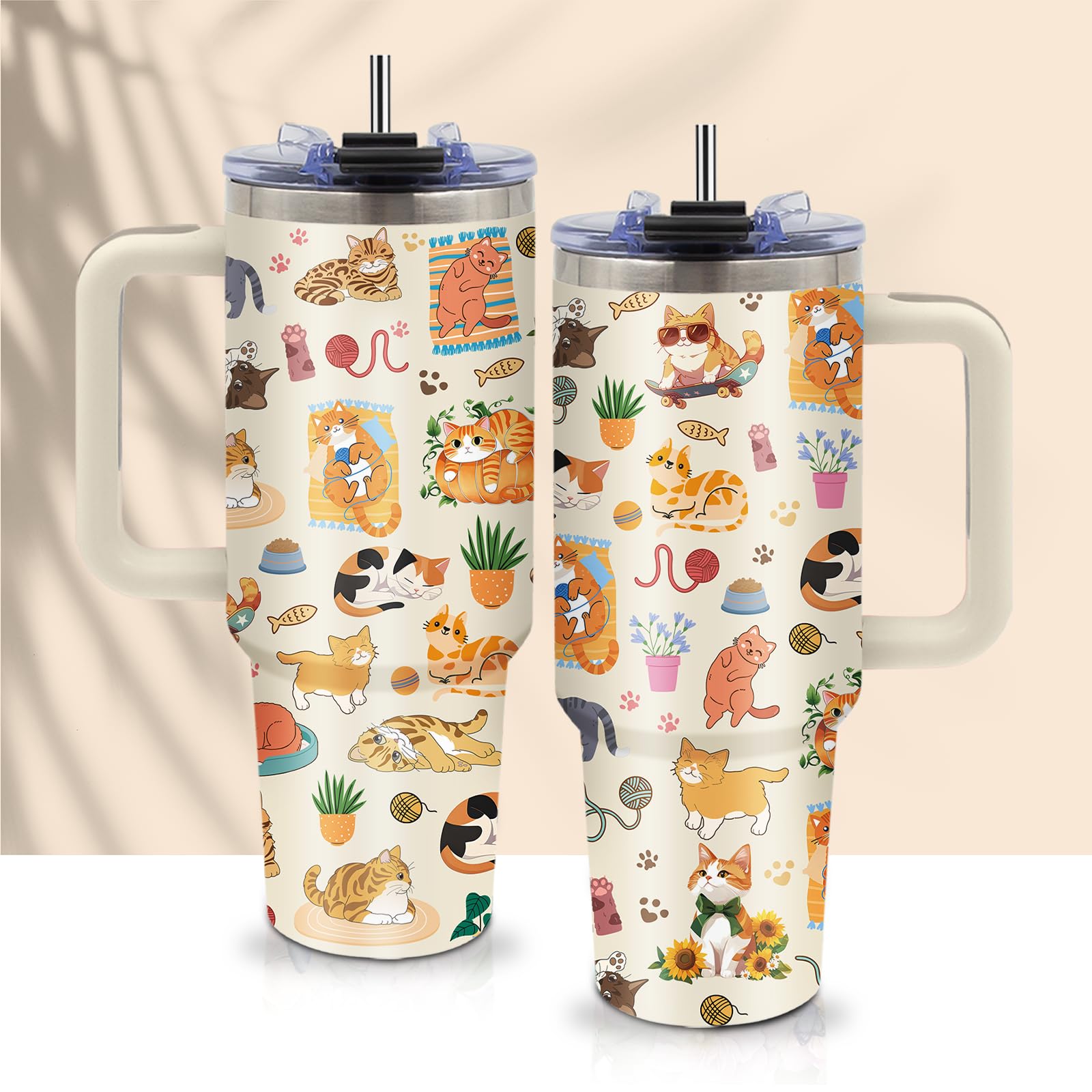 CGMIBAS Orange Cat Tumbler 40oz with Handle - Funny Cat Lady Gifts for Women, Insulated Travel Coffee Mug, Cute Kitty Cup for Ca
