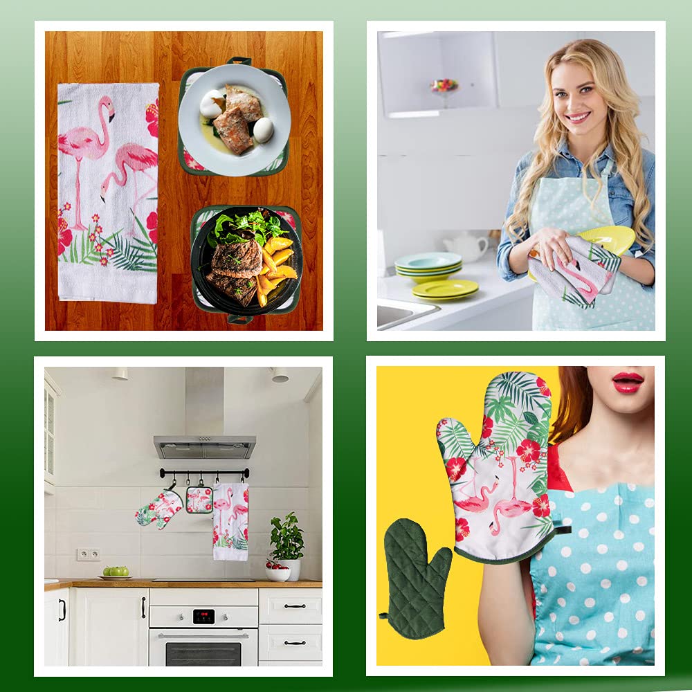 Lobyn Value Packs - 5 Piece Tropical Kitchen Towel Set: Features Flock Of Pink Flamingos, 2 Decorative Dish Towels, 1 Oven Mitt,
