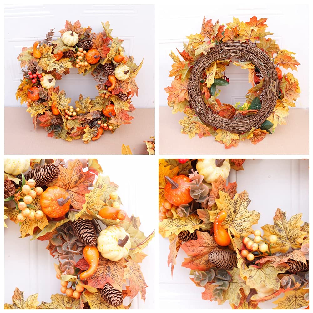 Ochine 20 Inch Fall Wreath, Thanksgiving & Halloween Decoration, Artificial Farmhouse Wreath with Pumpkins, Berry, Maple Leaf, P