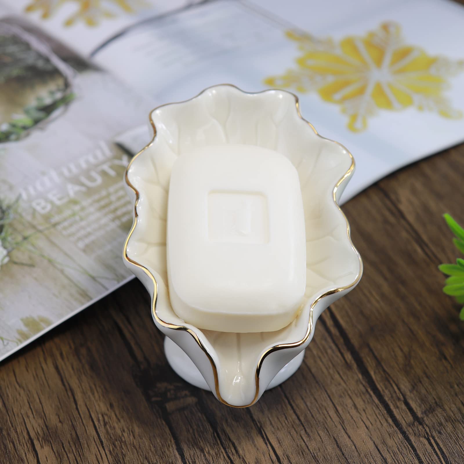 Soap Dish Ceramic White Lotus Leaf Shape Soap Holder Self Draining Soap Dish Waterfall Slot Sponge Holder Bathroom Accessories for Bathroom  Kitchen Bar Counter.