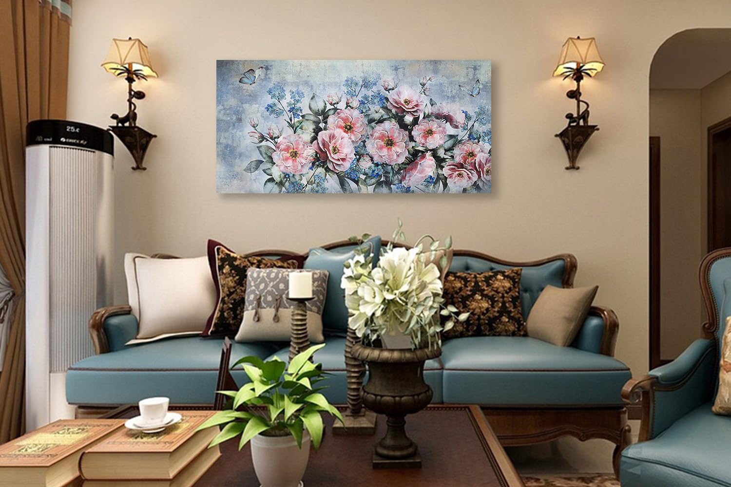 Acocifi Large Flowers Canvas Wall Art Abstract Peony Landscape Painting, Pink Florals And Butterfly Picture Textured Artwork Fra