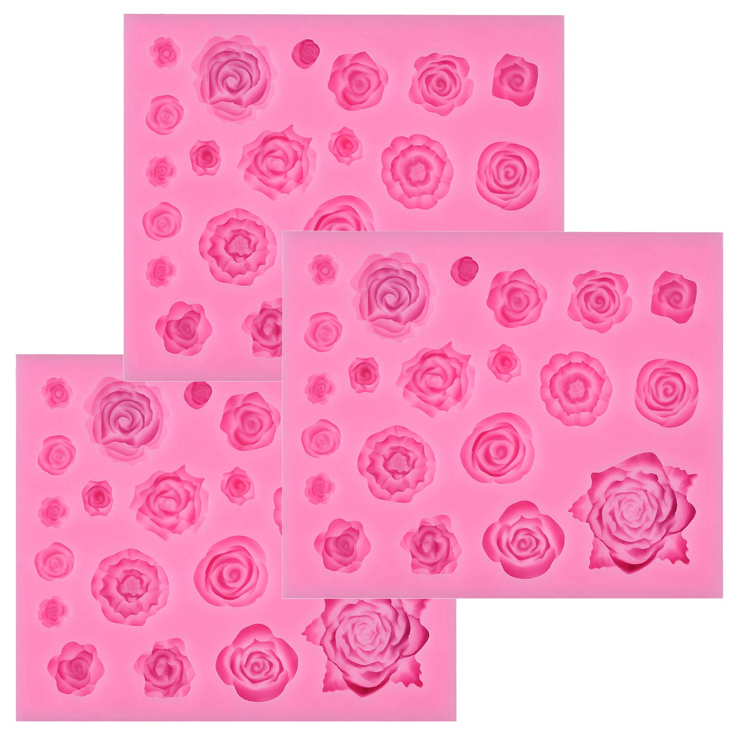 Tosnail 3 Pack 21 Cavity Silicone Fondant Molds Rose Flower Candy Molds For Wedding Cake, Cake Pop, Cookie And Cupcake Decoratio