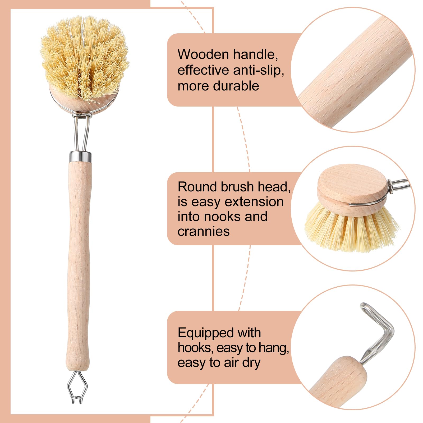 Maxdot 4 Pcs Kitchen Dish Brush With Beechwood Handle Natural Wooden Handle Scrub Brush Fiber Bristles Dish Scrub 2 Inch Replace