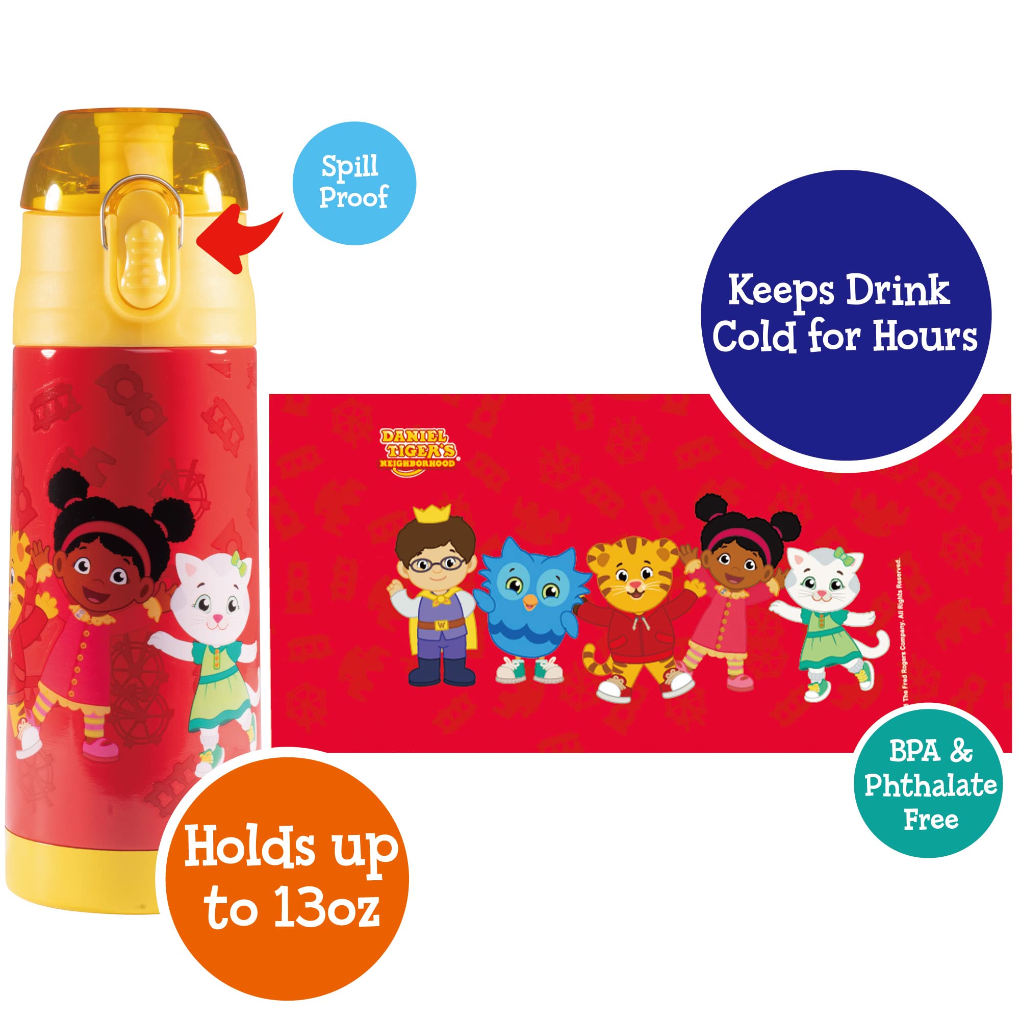 Daniel Tiger 13 Oz Insulated Water Bottle With Latching Lid - Easy To Use For Kids - Reusable Spill Proof & Bpa-Free, Keeps Drin