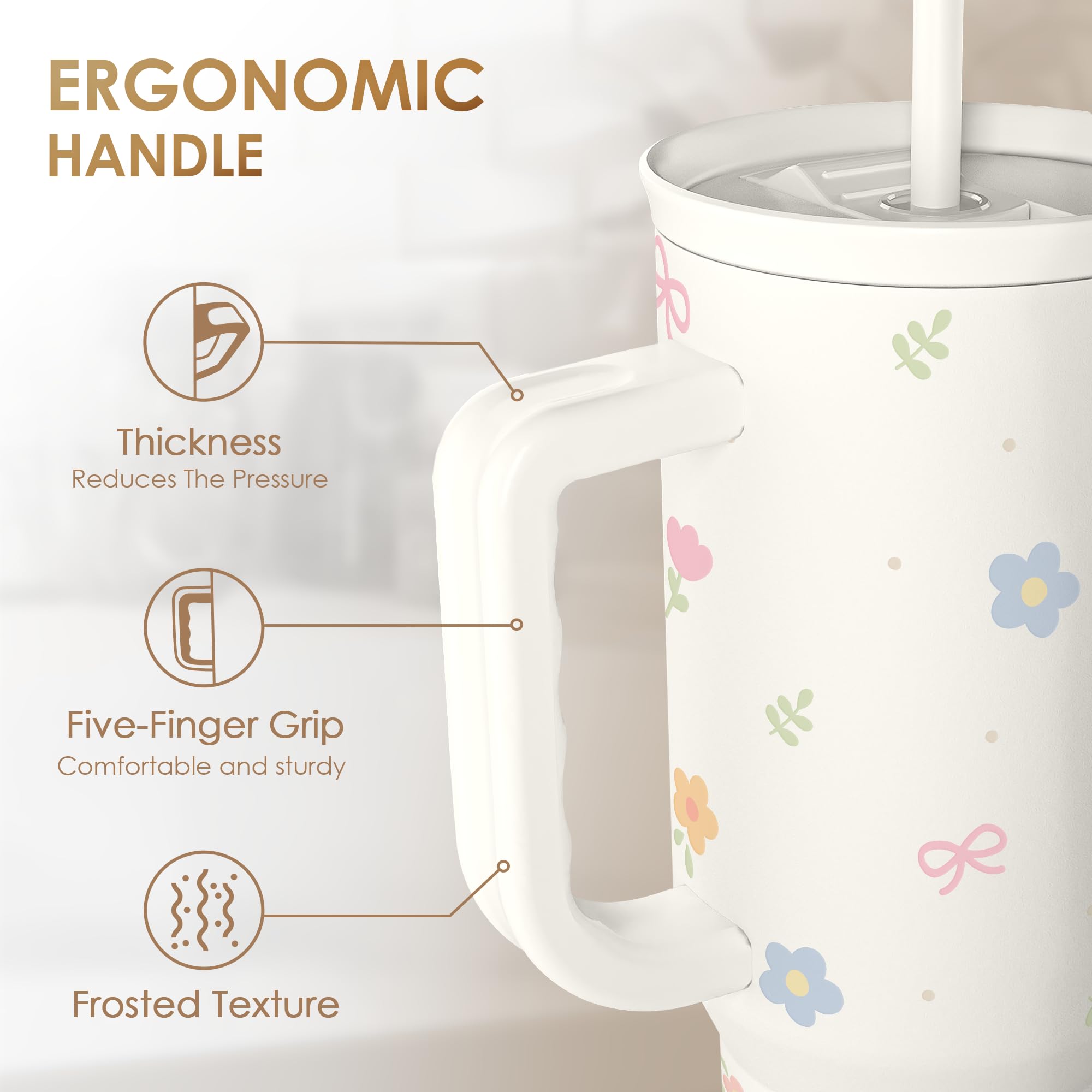 SANDJEST Floral 40oz Slider Tumbler with Handle and Straw - Insulated Stainless Steel Travel Coffee Mug for Women Girls, Gift fo
