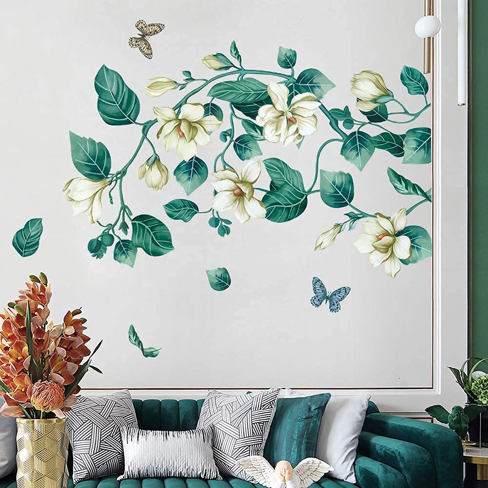 Livegallery Removable Vinyl Fresh Green Leaf And White Flower Wall Sti ...
