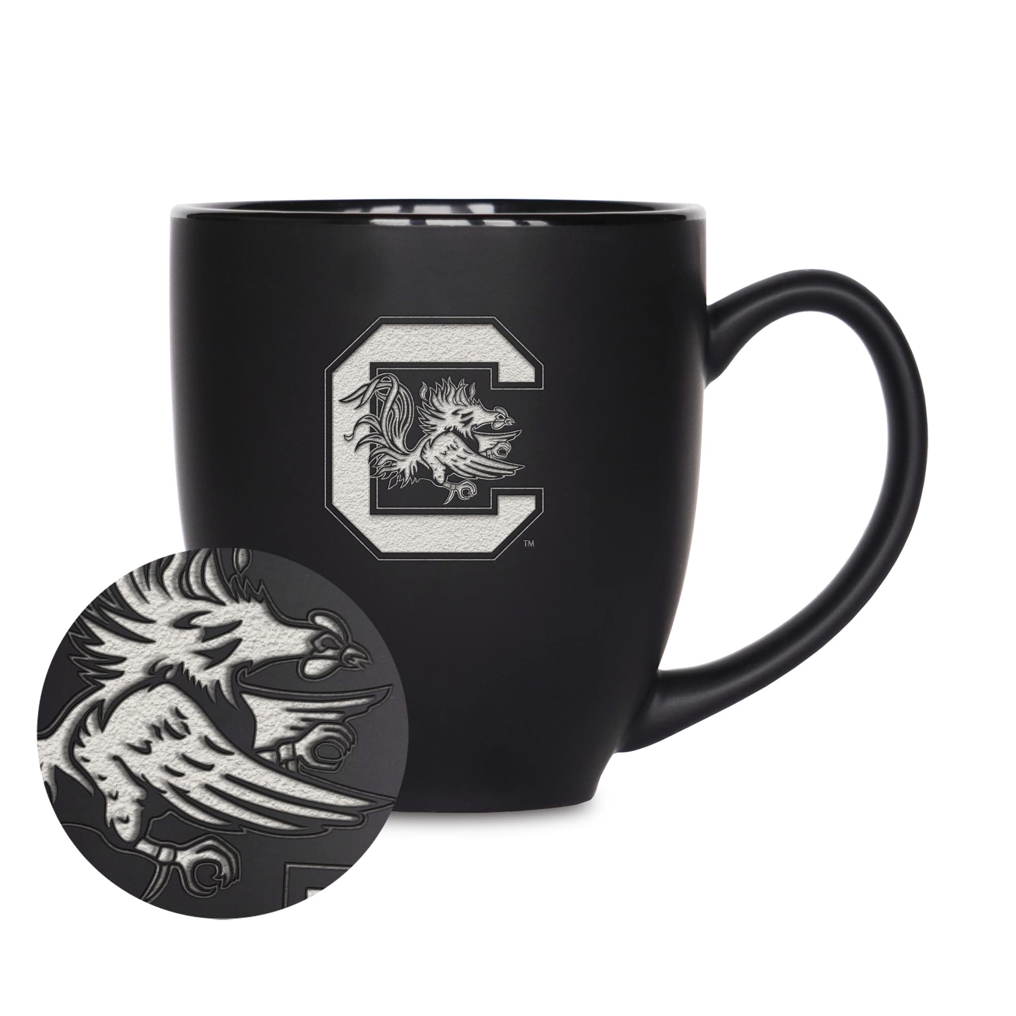 Rico Industries NCAA South Carolina Gamecocks Main 15oz Laser Engraved Matte Black Ceramic Bistro Mug - For Hot or Cold Drinks