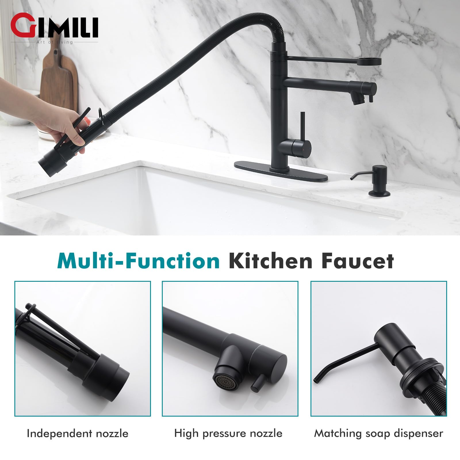 Gimili Matte Black Kitchen Faucet With Soap Dispenser Commercial Kitchen Faucet With Pull Down Sprayer Double-Headed Single Hand