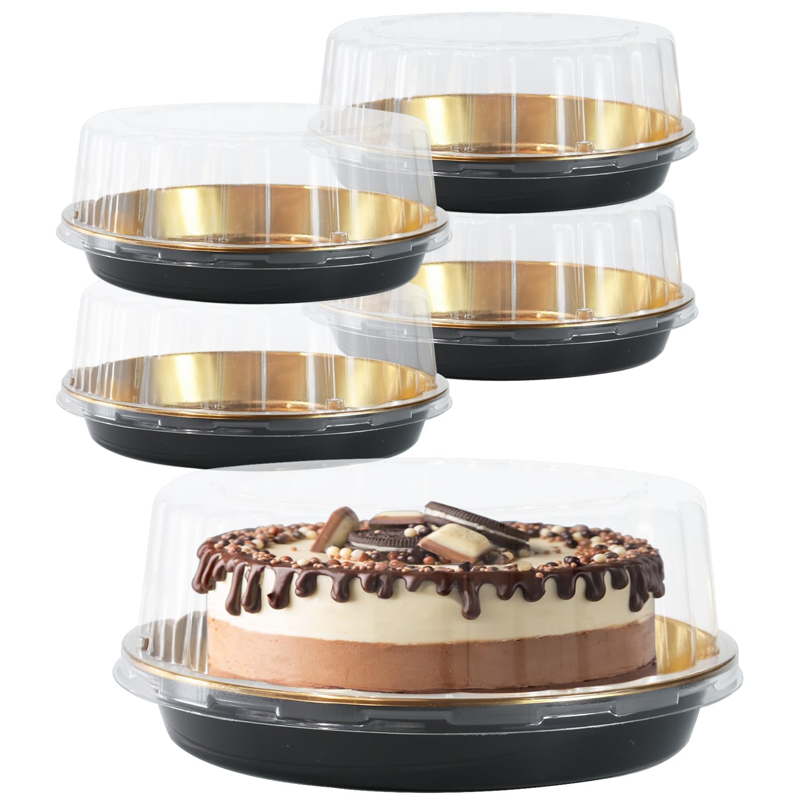 FEOOWV 5Pack 10inch Round Clear +Gold Cake Carriers for Transport Plastic Cake Containers Carriers with Dome Lids and Cake Board