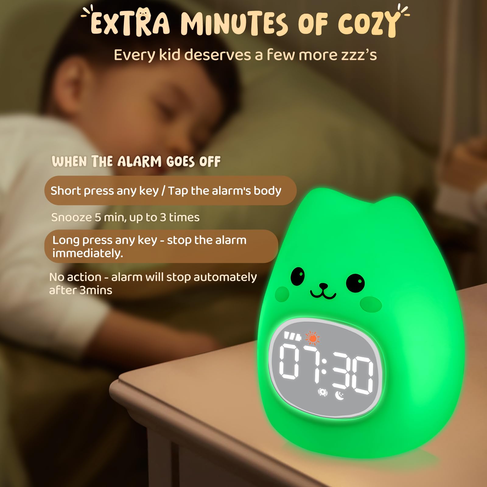 Aokpsrt Cat Alarm Clock with Night Light for Kids with Sleep Training and Sound Machine, Rechargeable Silicone Lamp OK to Wake C