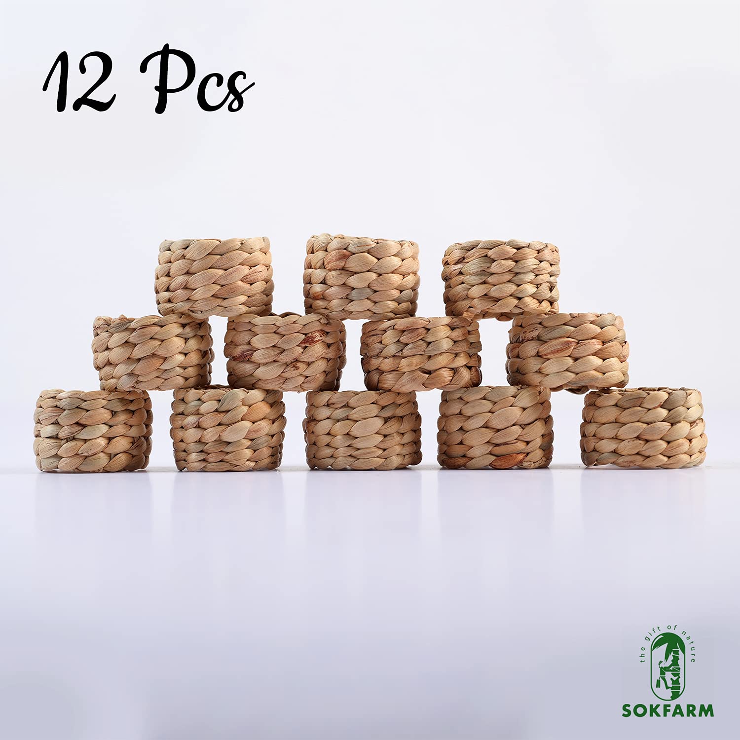 12Pcs Round Woven Napkin Ring, Water Hyacinth Napkins Rings, Rustic Napkin Rings, Handmade Braided Grass And Bead Napkin Ring, F