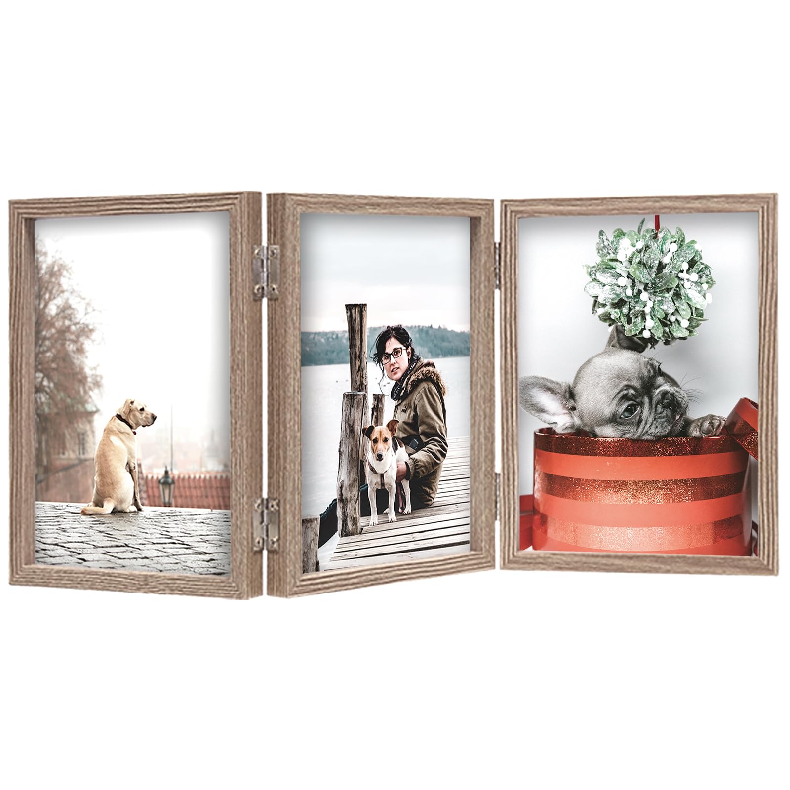 TOFOREVO 5x7 3 Picture Frame Triple Wooden Three Hinged Photo Frame Definition Glass Stand Vertically on Desktop or Tabletop
