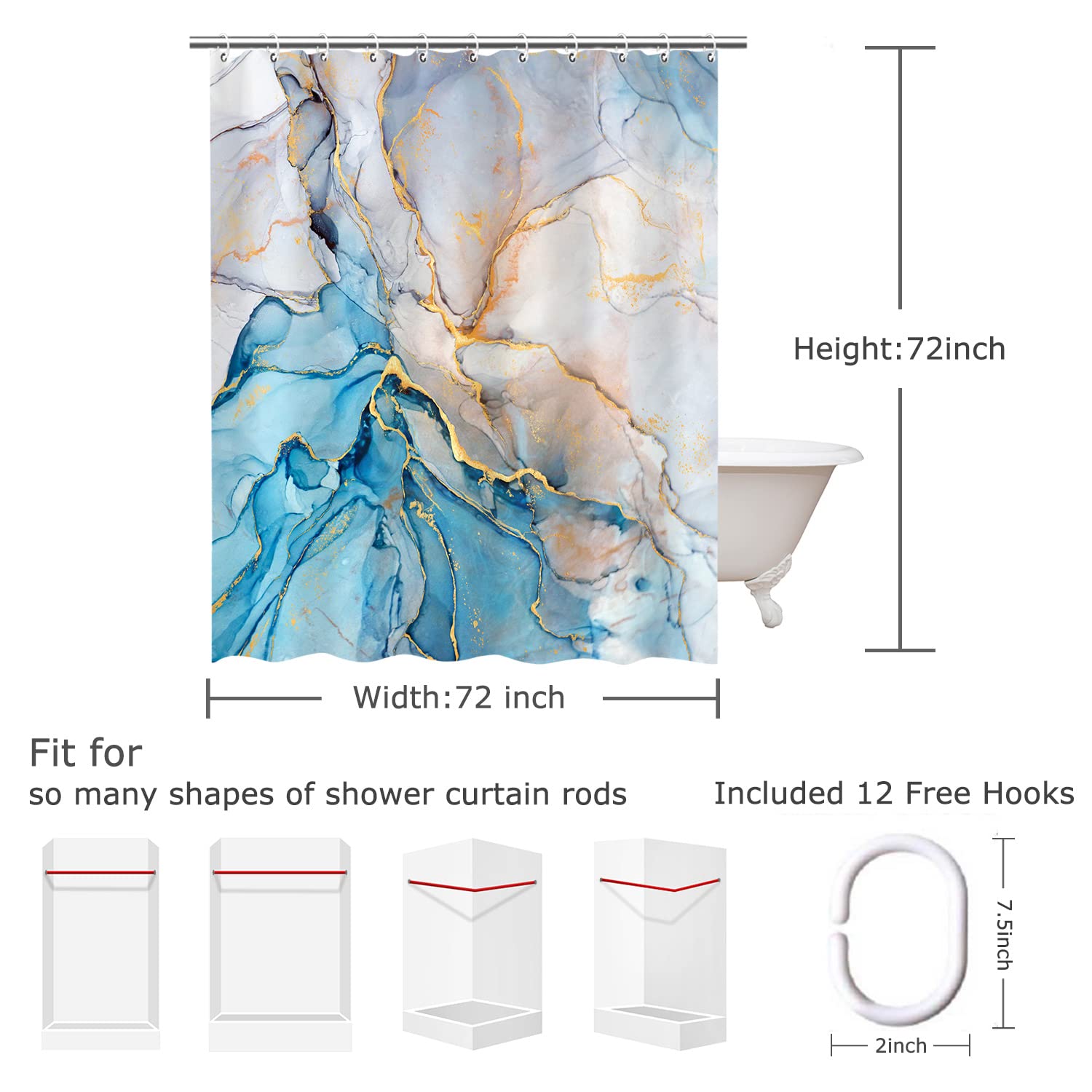 RosieLily Blue Shower Curtain  Marble Shower Curtains Set with 12 Hooks  Watercolor Blue Gold White Shower Curtains  Cool Abstract Marble Bathroom Decor  72''x72''