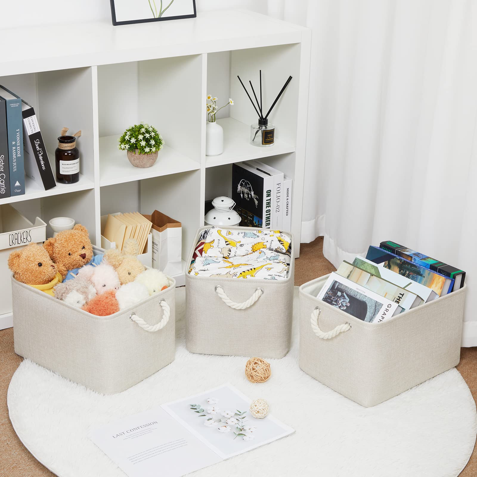 Bidtakay Baskets Collapsible Large Toy Storage Baskets For Organizing Set Of 3 Closet Organizer Linen Cream Storage Bins 15 X 11