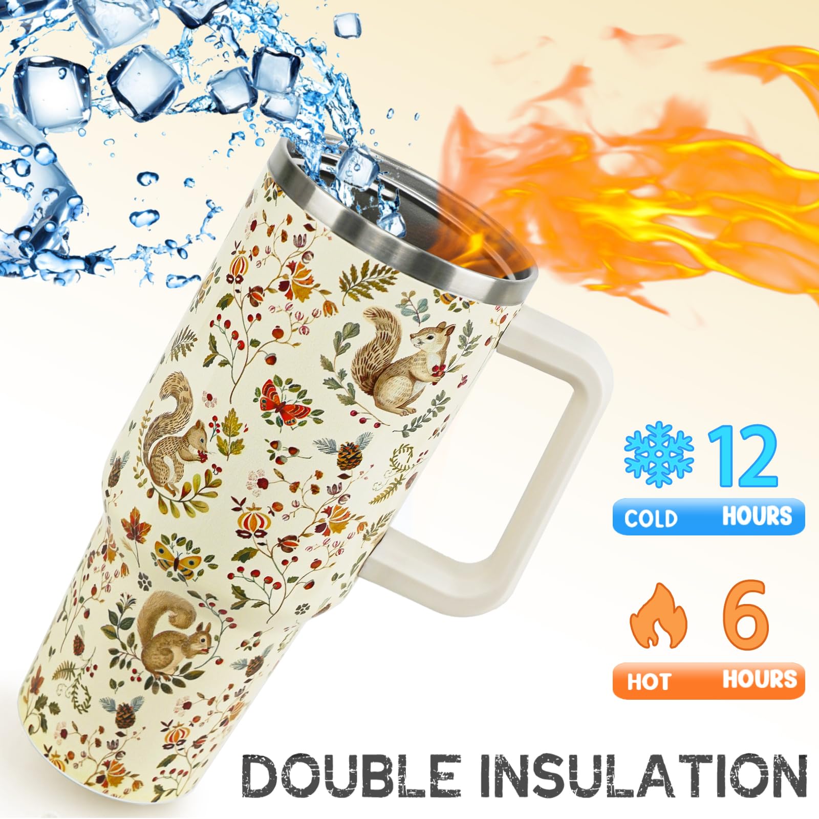 Nqhsionv Squirrel Tumbler with Handle and Straw 40 oz Squirrel Cup Fall Coffee Travel Mug Stainless Steel Insulated Water Bottle