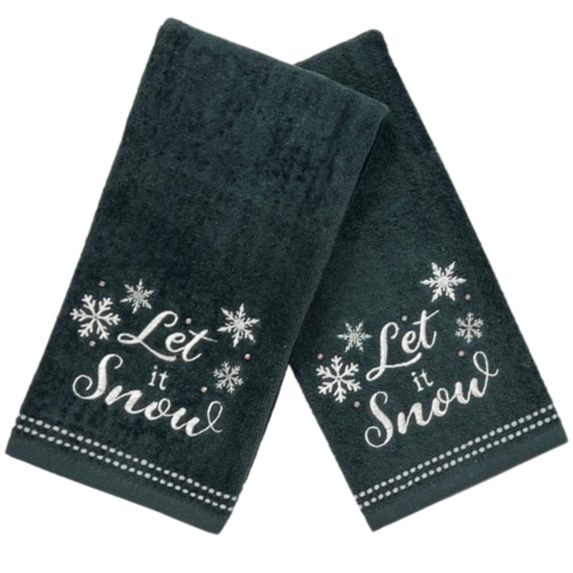 Holiday Christmas Bathroom Guest Hand Towels, 100% Cotton, Set Of 2, 16 X 25 Inches, Let It Snow Snowflakes White On Dark Grey