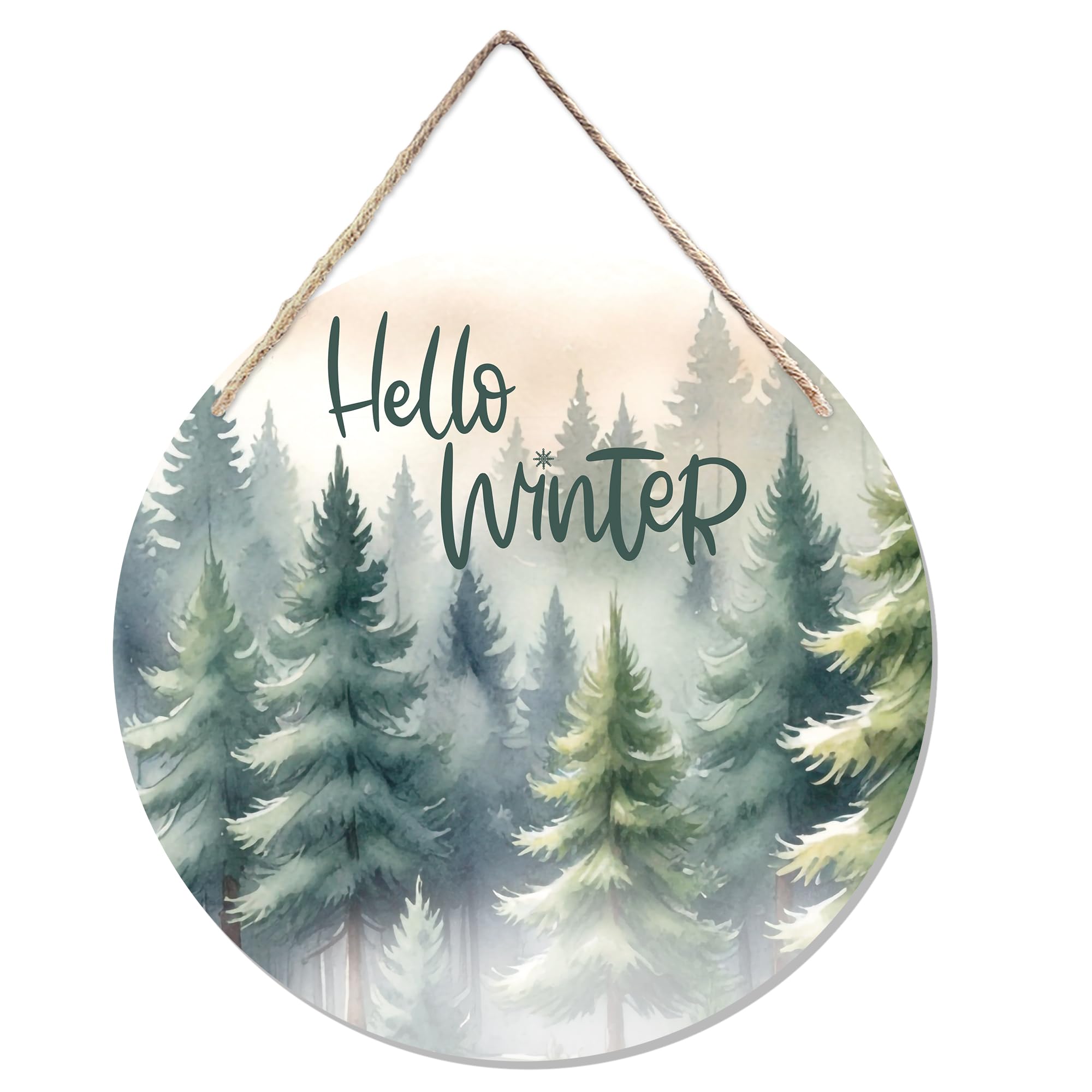 CGBHW Hello Winter Welcome Forest Wooden Sign, Winter Farmhouse Pine Trees Holiday Seasonal Decoration Hanging Sign Wall Decor, 