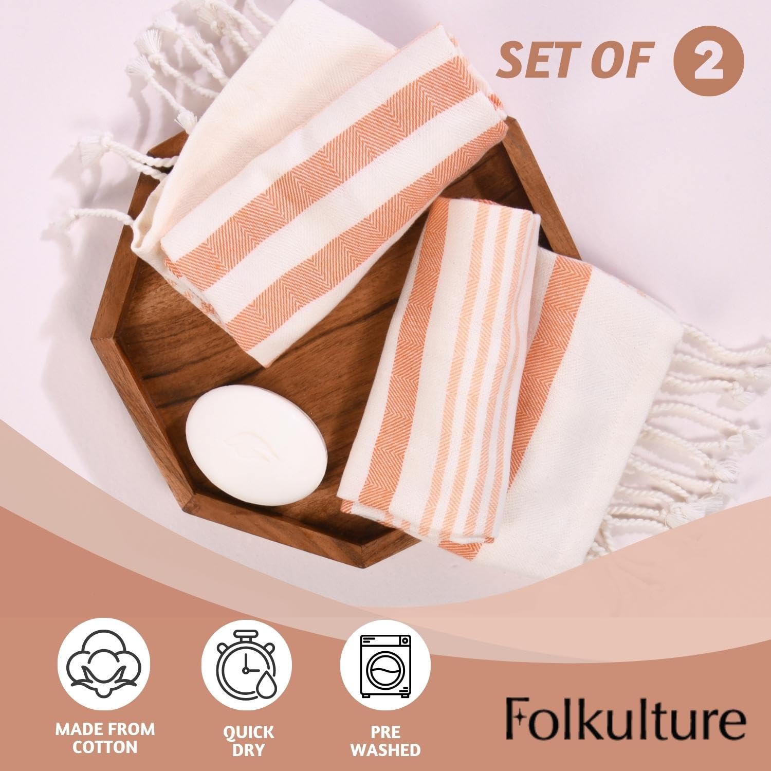 Folkulture Hand Towels For Bathroom, Set Of 2 Decorative Hand Towels With Hanging Loop, 100% Cotton Turkish Hand Towels Set Or O