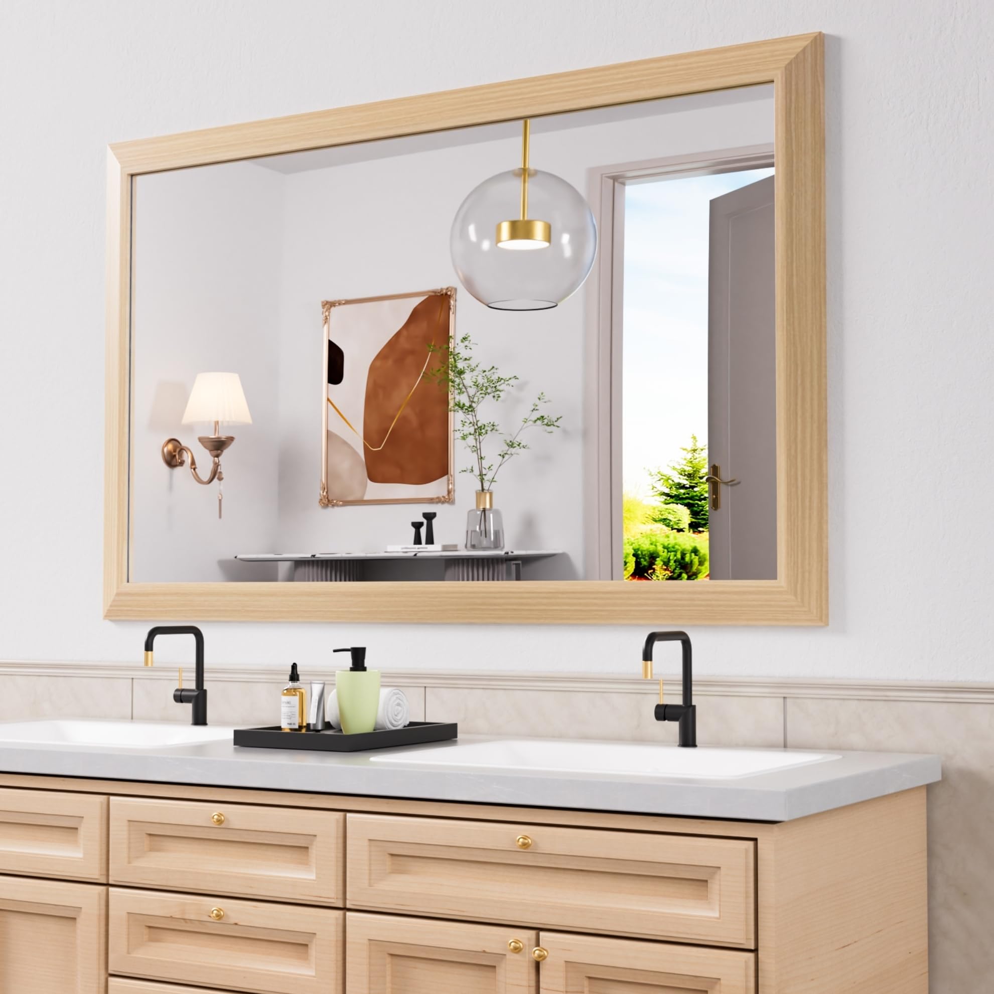 Amorho 48X30 Inch Bathroom Mirror for Wall, Oak Wood Grain Metal Framed Mirror, Anti-Rust, Hang Horizontally/Vertically, Suitabl