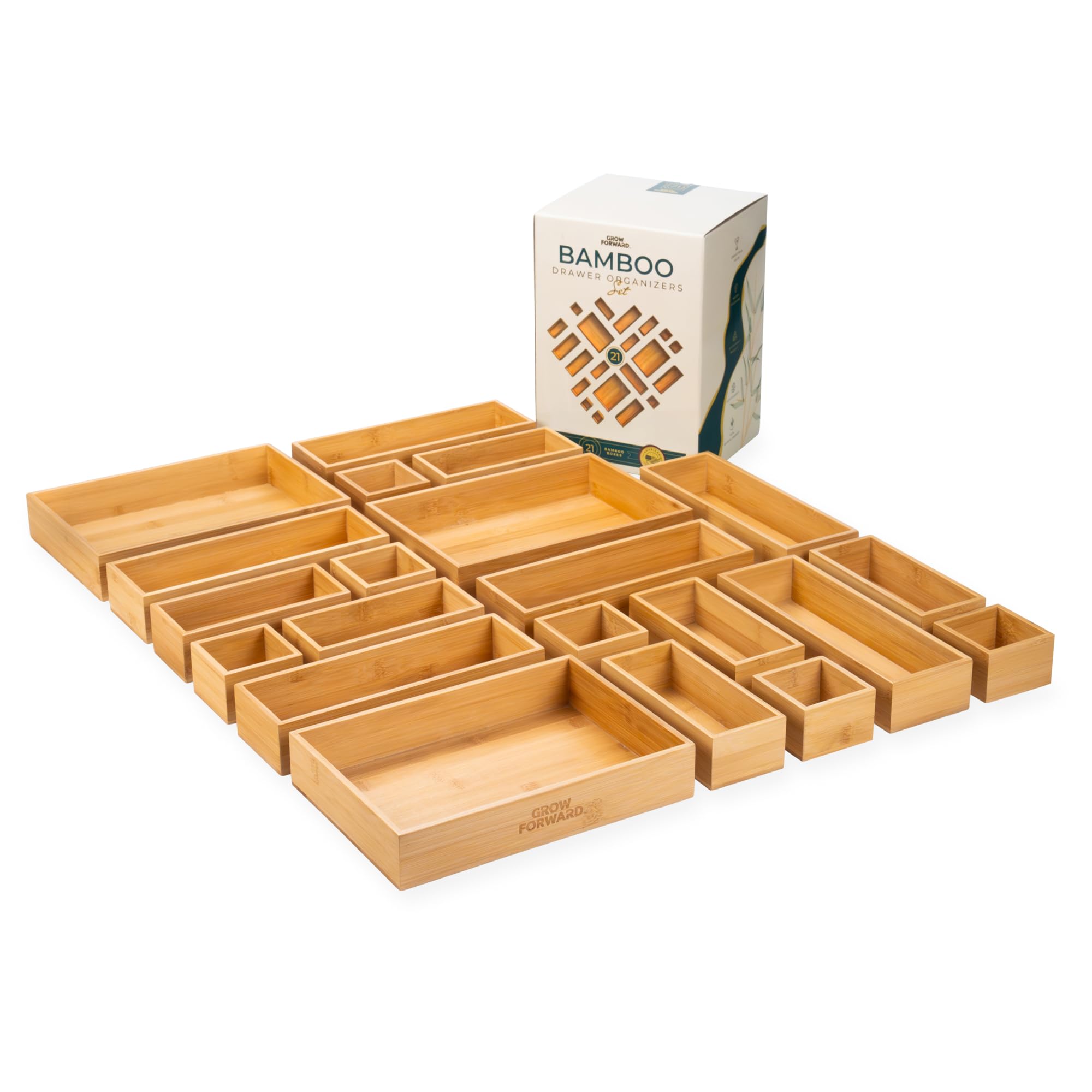 Grow Forward 21-Piece Bamboo Bathroom Drawer Organizer Trays - Wood Junk Drawer Organizers for Kitchen, Office, Vanity, Desk, Ni