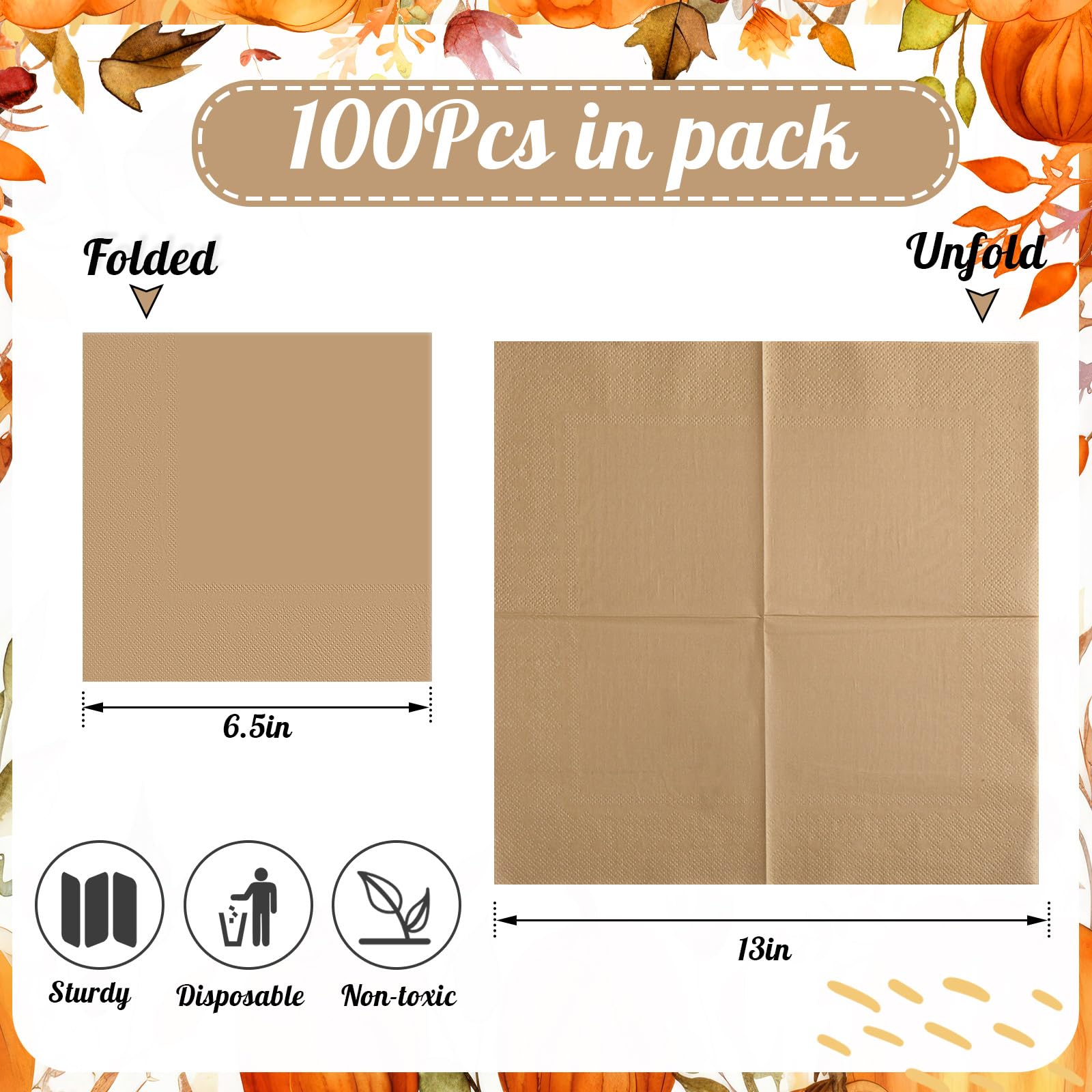 Teling 100 Pcs Fall Paper Napkins Disposable Wooden Color Napkins for Autumn Holidays Wedding Home Luncheon Reception Tea Party