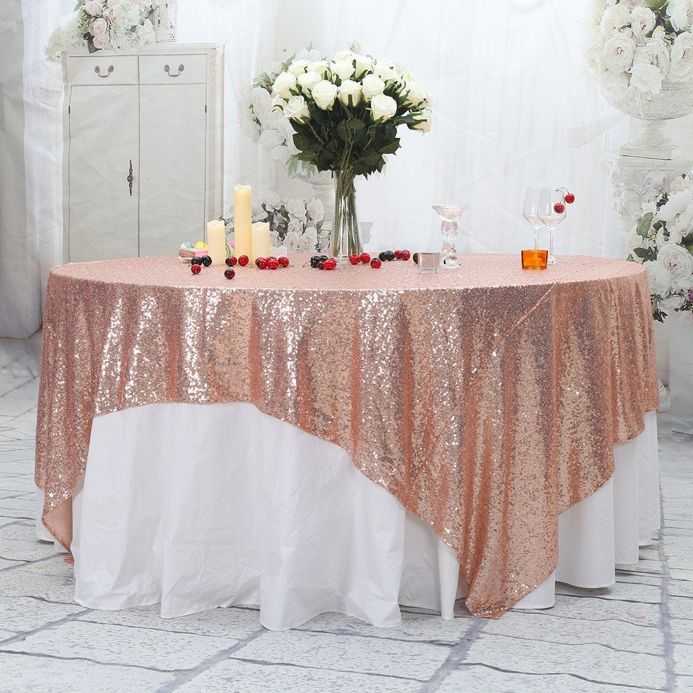PartyDelight Sequin Tablecloth Rose Gold Sparkly Table Cloth Overlay Square 70x70