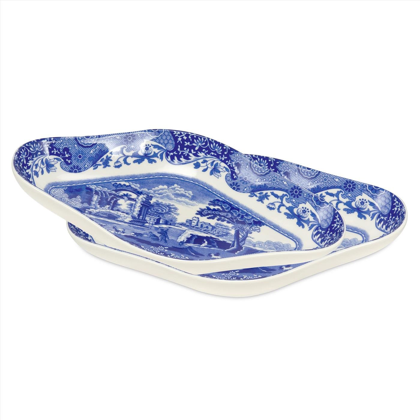 Spode Blue Italian Pickle Dishes, Set of 2-8.5-Inch Porcelain Appetizer Trays with Scroll Border & Countryside Artwork - Elegant