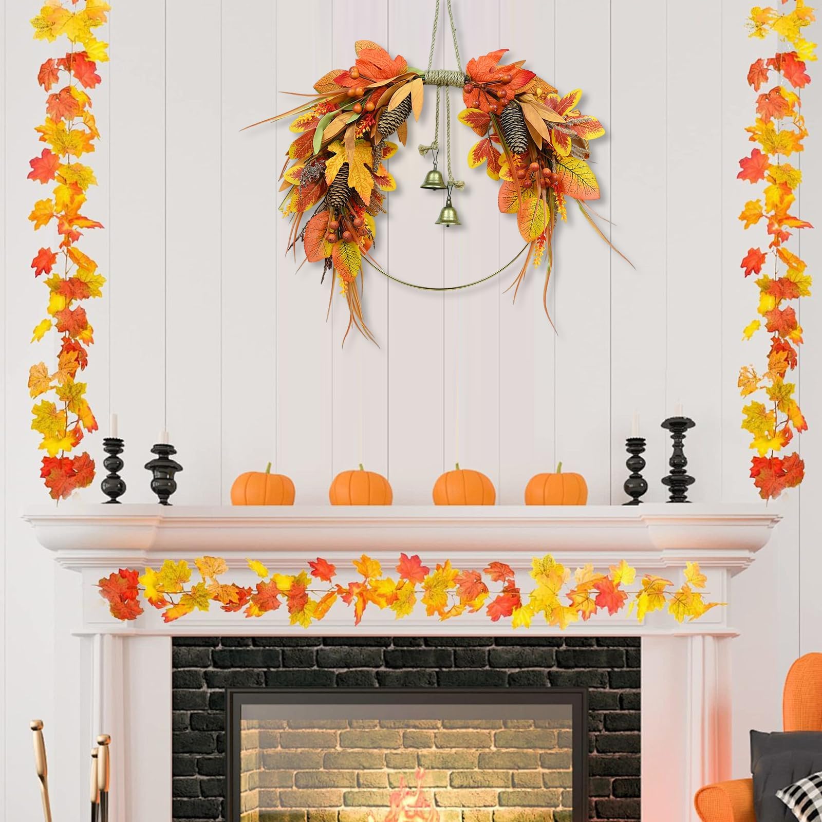 Thanksgiving Fall Wreath for Front Door 17 Inch Autumn Wreath Harvest Wreaths with Pine Cones Maple Leaves Berries Autumn Fall D