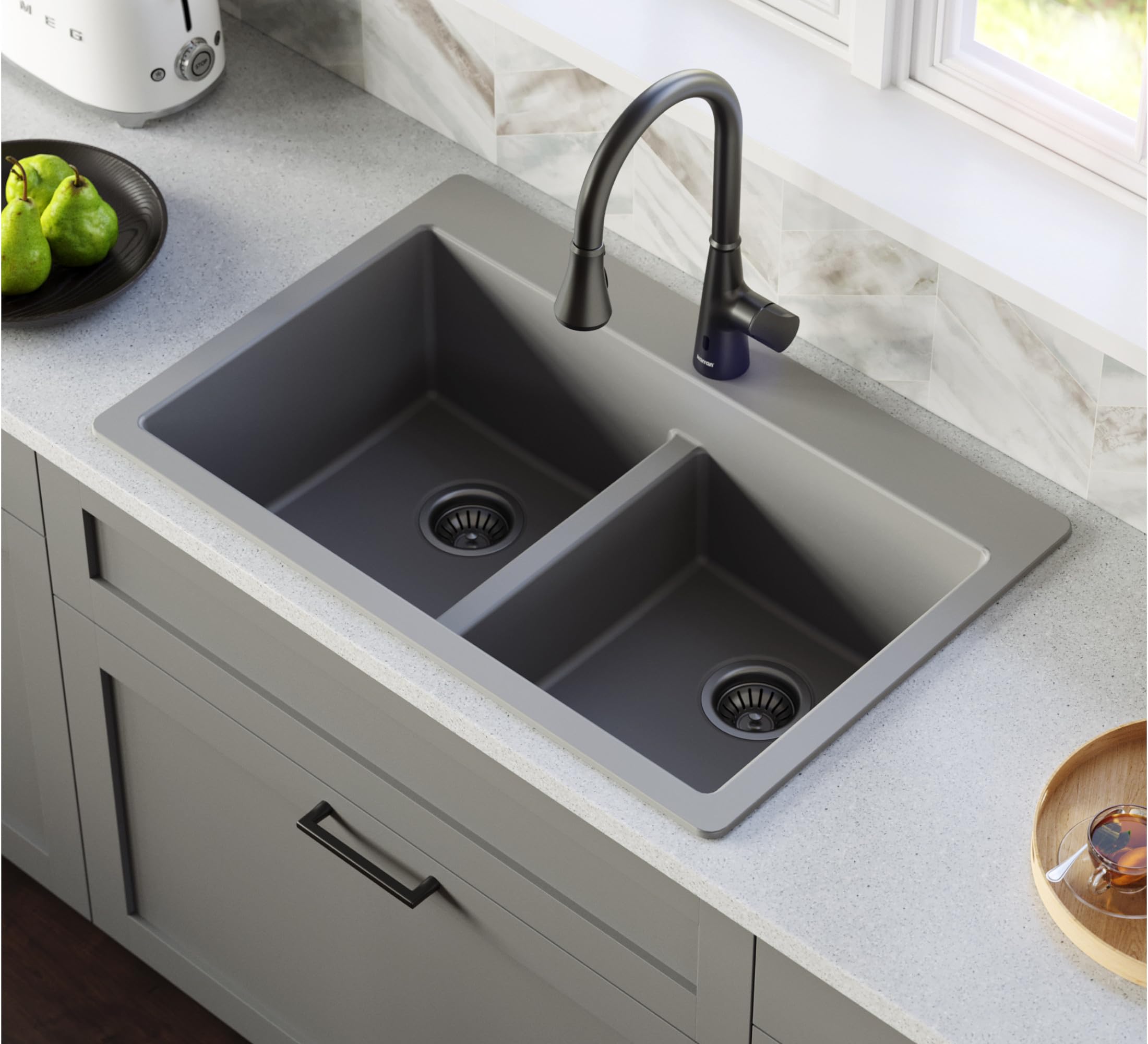 Karran Qt-810 33'' Top Mount Double Equal Bowl Quartz Kitchen Sink In Grey
