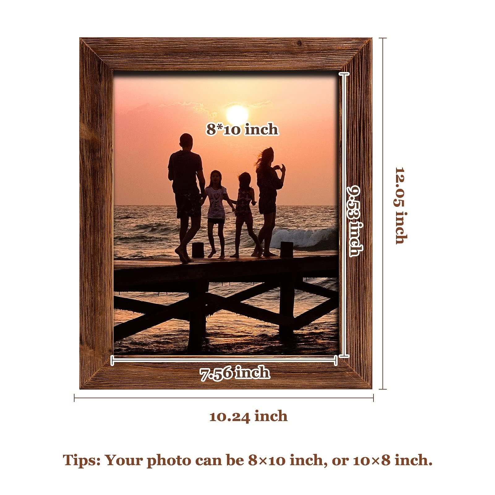 8 x 10 Picture Frame Wood Rustic Handmade Striped Border Brown Photo Frames High Definition Glass for Wall or Tabletop Display G