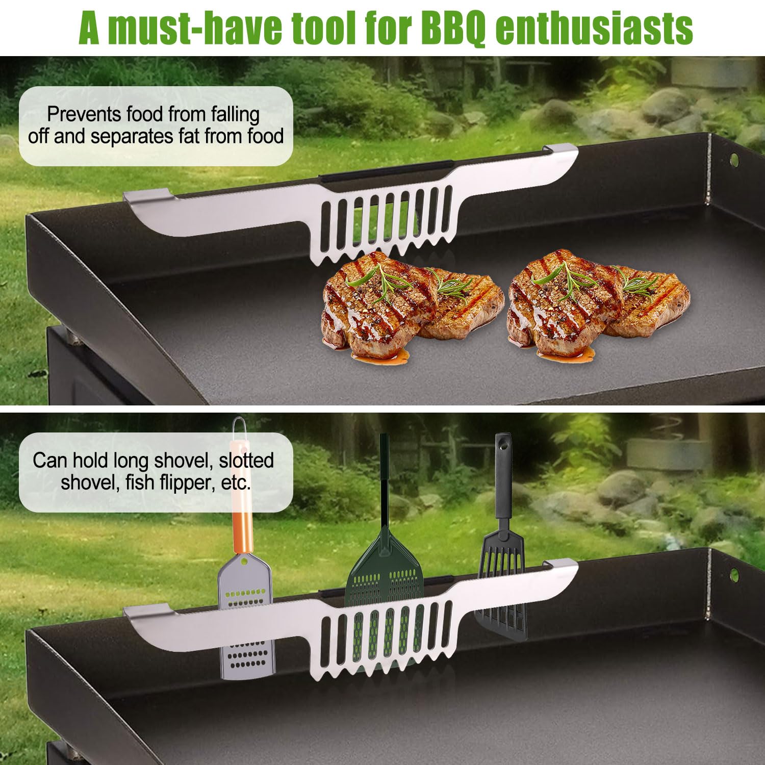 Grease Gate Spatula Holder, 11.81X2.36X0.79 Inch Stainless Steel Griddle Grill Food Screen Adjustable Barbecue Grill Food Mesh H