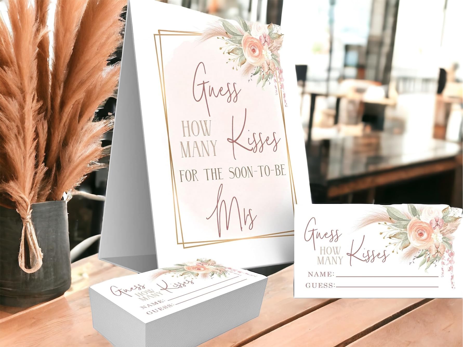 Your Main Event Prints Boho Pink Gold Pompas Grass How Many Kisses Game Sign And Cards Great For Bridal Showers And Weddings, Fl