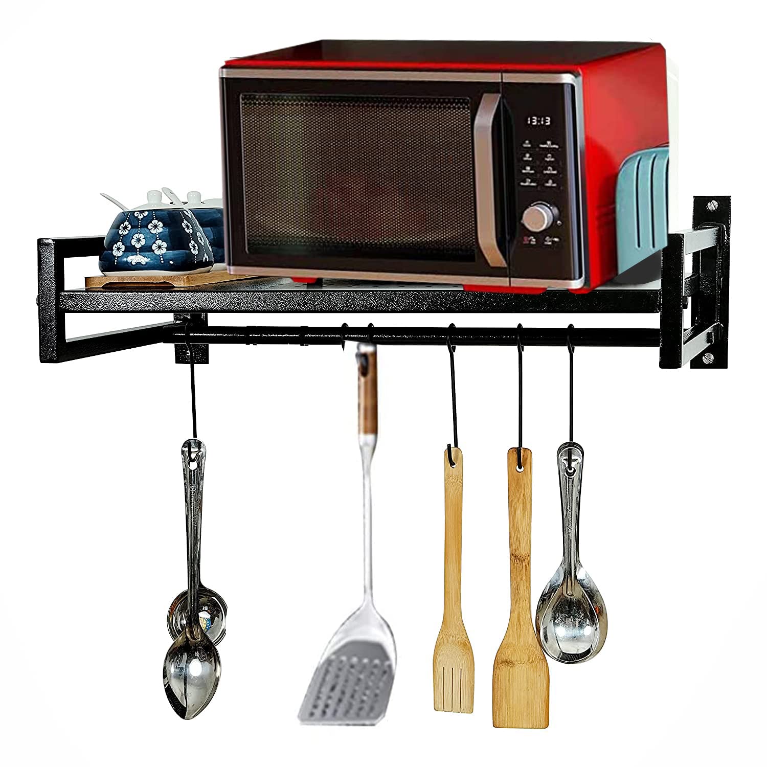 Iron Lands Solid Wall Mount Metal Countertop Microwave Oven Rack Organizer With Hooks  Multipurpose Counter Top Storage Organiz