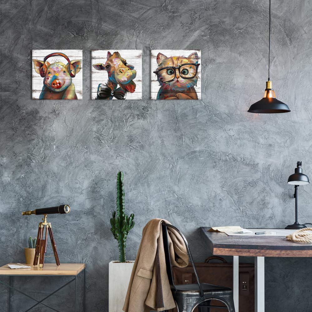 Visual Art Decor Funny Animal Wall Art Giraffe Pig Cat Decor Pictures, Framed Canvas Artwork Nursery Wall Decor, Home Office Kid