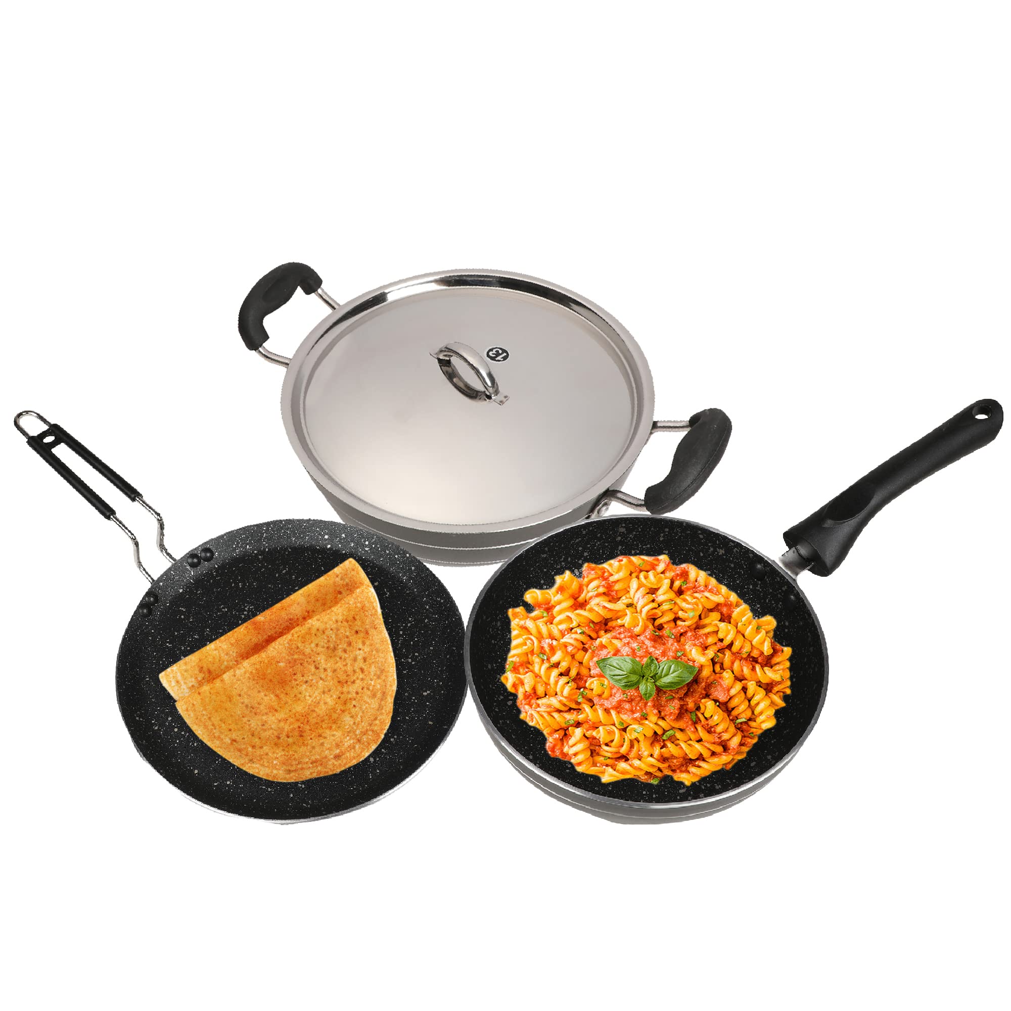 black Gold 4Piece Induction Aluminium NonStick Cookware Set | Or | Stainless Steel Capsulated Induction Bottom Deep Kadhai Cap