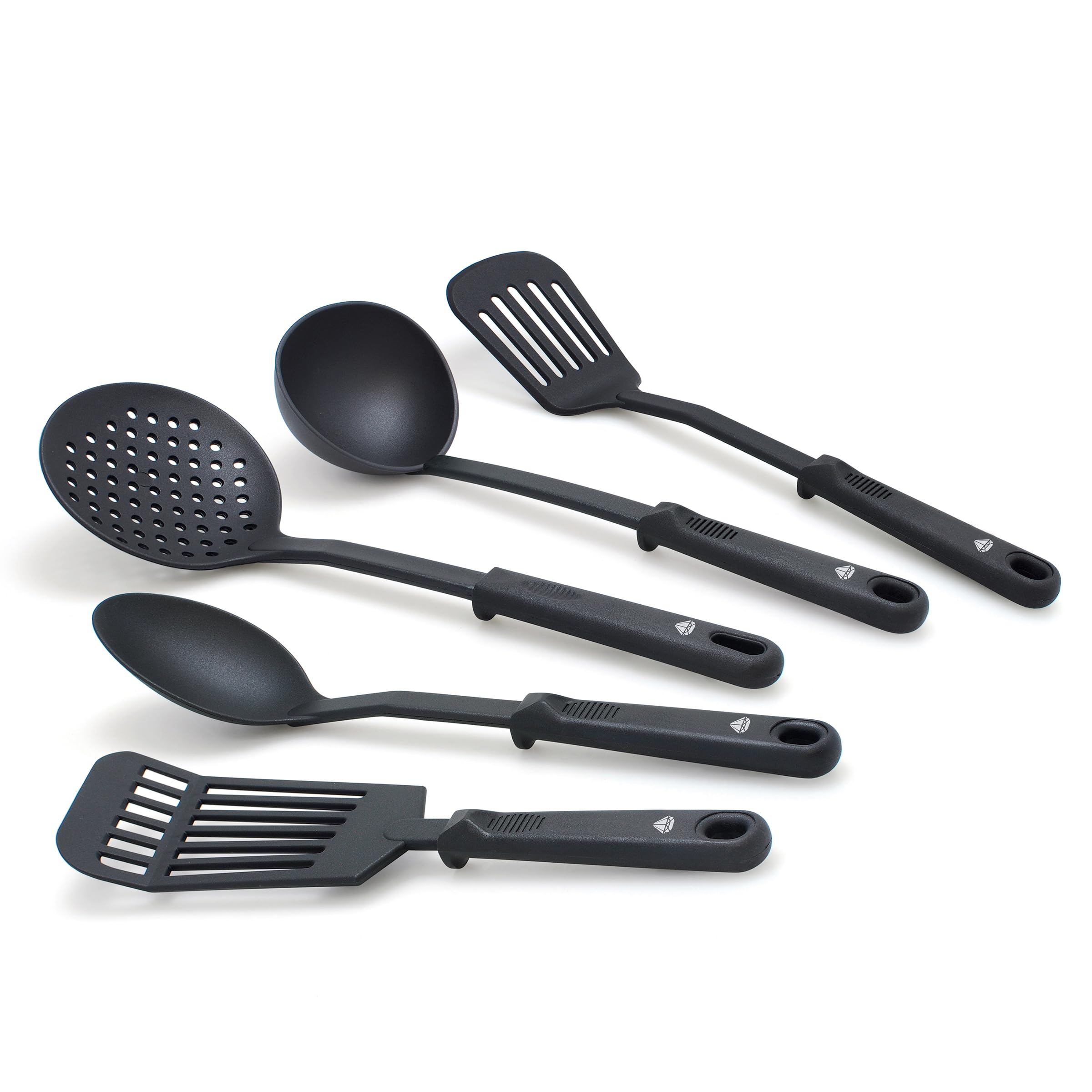 Blue Diamond 5 Piece Nylon Utensil Set, Dishwasher Safe, Solid Spoons, Handy Ladle, Slotted Turner, Large Spatula, Black