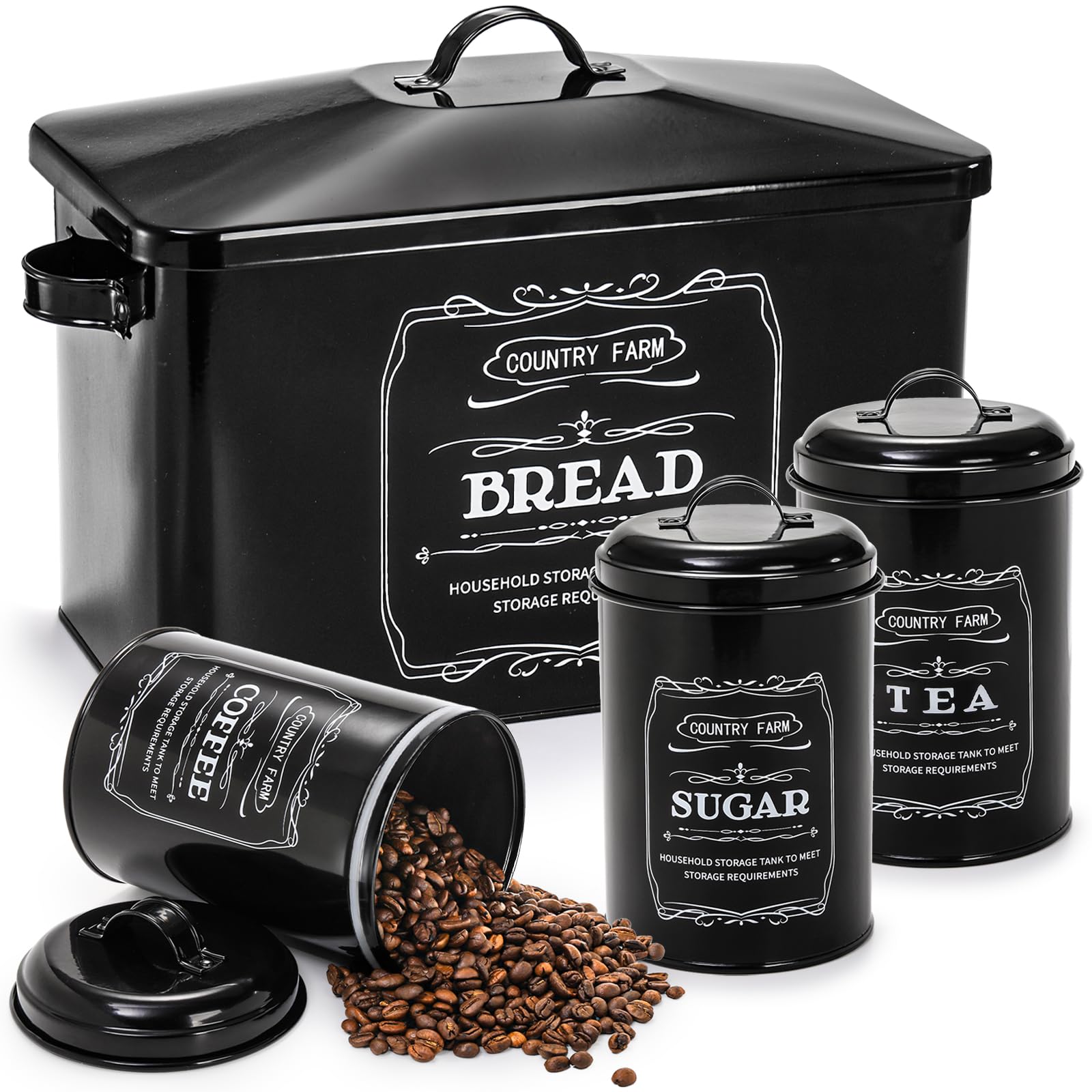 yarlung Metal Bread Box with 3 Kitchen Canisters Set, Large Black Farmhouse Bread Tin for Kitchen Countertop, Coffee Tea Sugar C